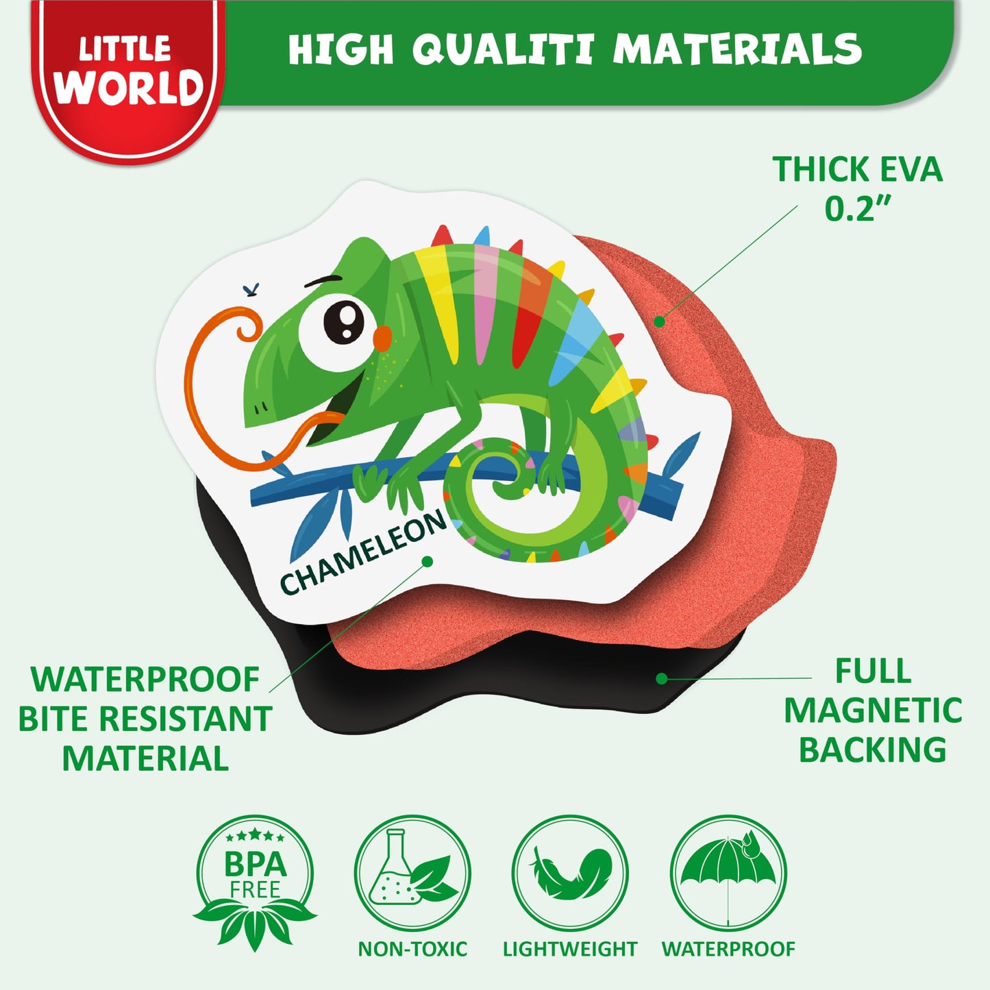 Little World Large Set of Safe and Durable Fridge Magnets for Toddlers 1-3 | Foam Refrigerator Magnets for Kids with Gift Box | Waterproof, Non-Toxic Zoo Magnetic Animals for Children and Babies 1+