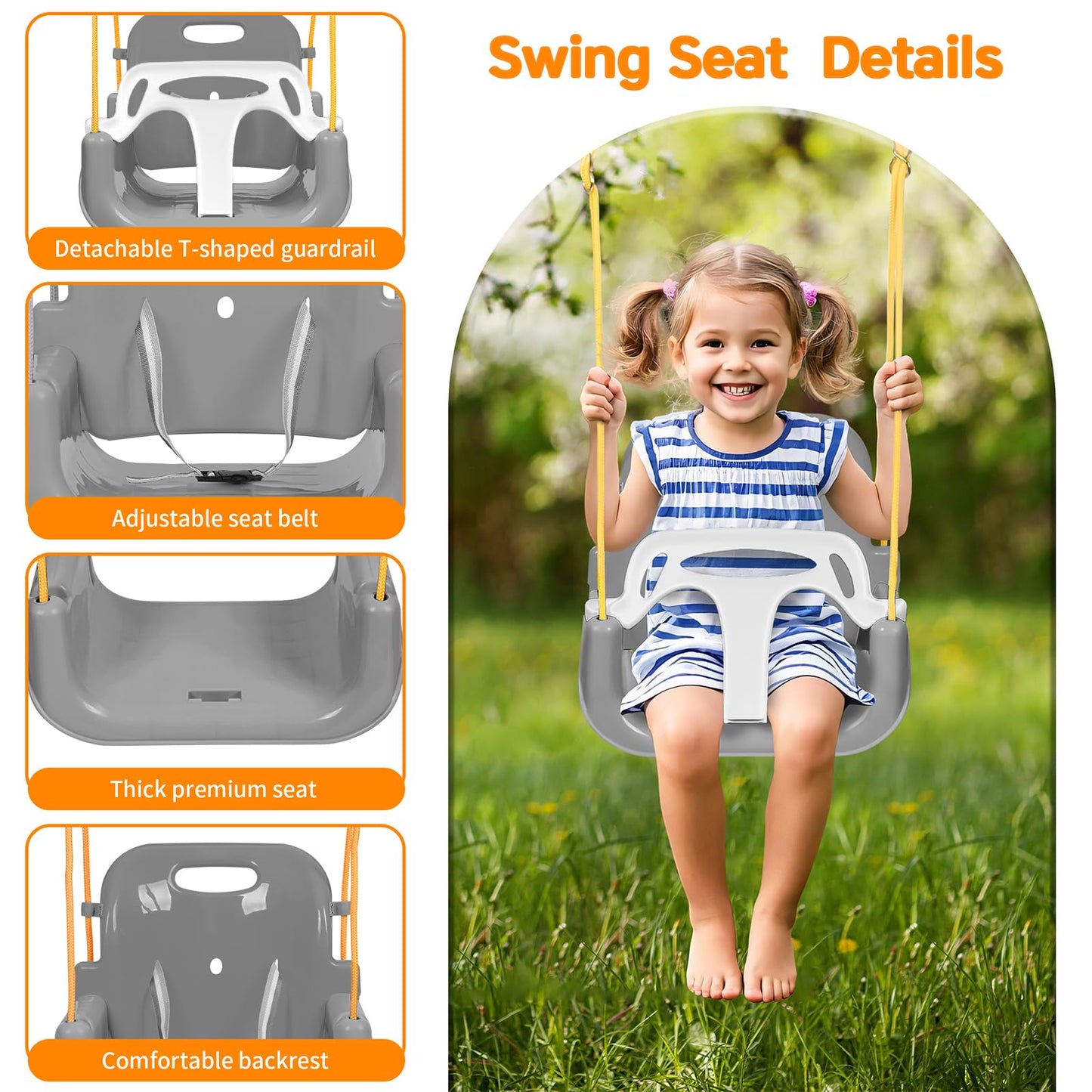 3-in-1 Toddler Swing Set, Foldable Baby Swing with Stand, Indoor & Outdoor Kids Swings Sets, Multifunctional Swings for Home Backyard, Easy to Install and Store (White)