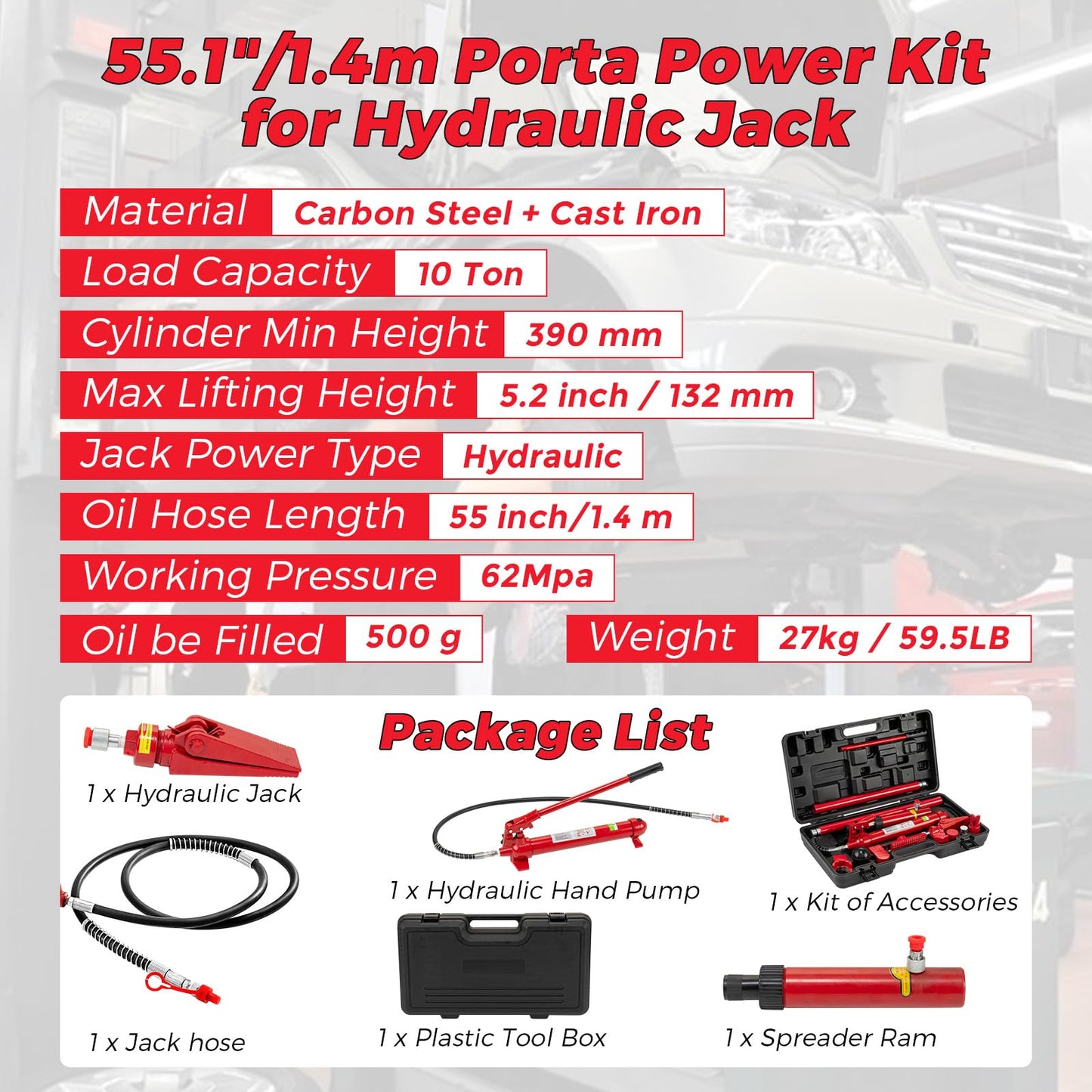 12T Porta Power Hydraulic Jack Kit, Hydraulic Multifunctional Jack with 4.6 ft/1.4 m Oil Hose, Auto Body Frame Repair Kit, Storage Case, 26455 LBS Capacity, for Car Repair, Truck, Garage