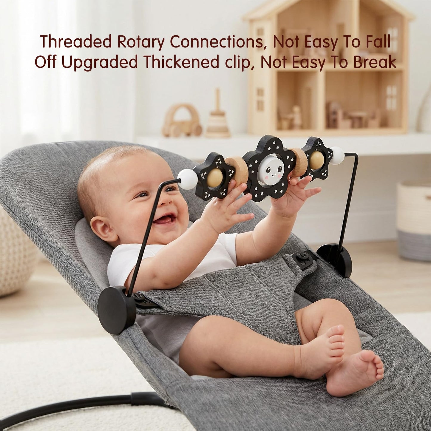 JTOOLKS Baby Bouncer Toy Bar, Compatible with Baby Bjorn Bouncer, Wooden Baby Bouncer Toy Bar Attachment, Child-Friendly Materials, Rotatable Baby Sensory Toy for Babies
