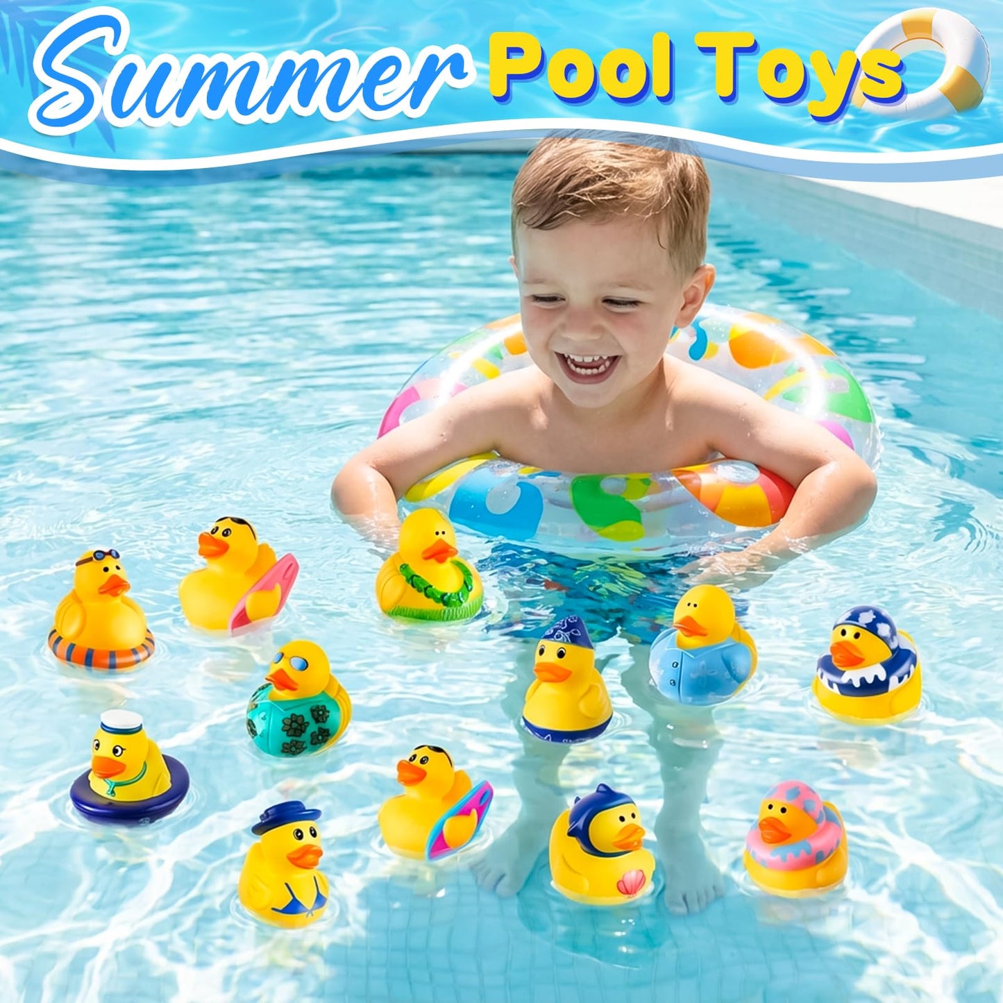 24 Pcs Summer Rubber Ducks with a Bag, Ducks for Jeeps, Assorted Beach Toys for Duckies Games, Summer Prizes Holiday Party Favors, Bath Cruise Toys, Water Pool Toys for Baby Toddler Kids