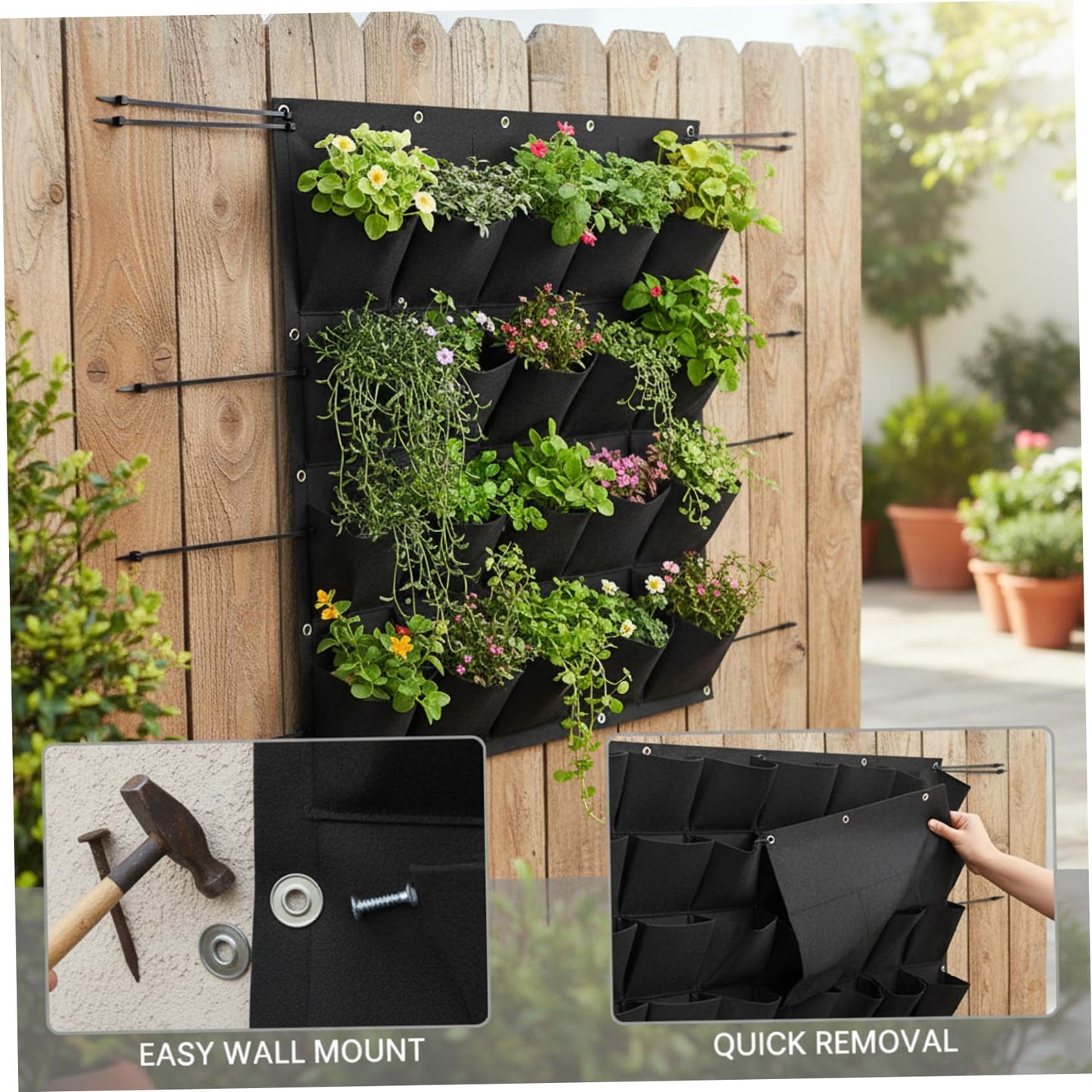 BeVistoso Vertical Garden Planter with 36 Pockets, Living Wall Planter for Indoor Outdoor Use, Thick Non-Woven Fabric Planting Bag (Black, 39.4"x39.4"), Vertical