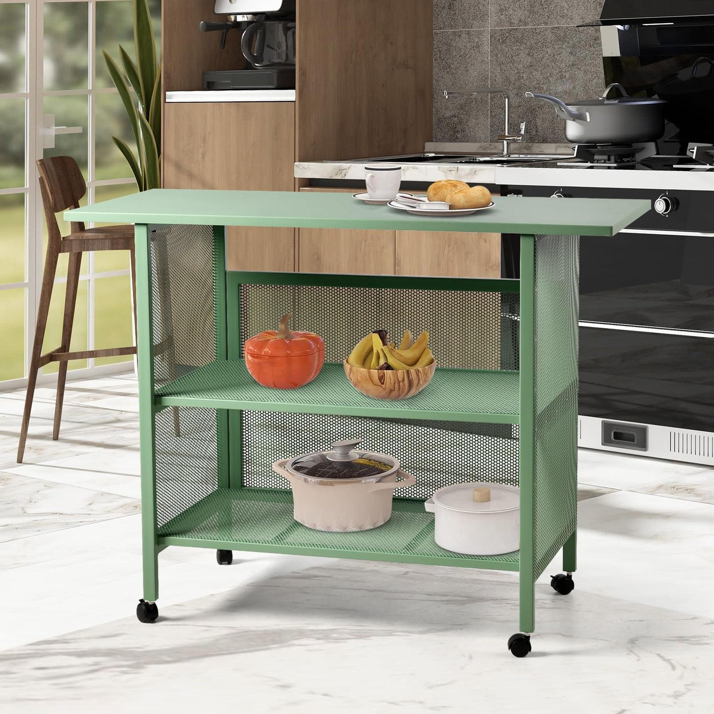 BOKKOLIK Industrial Kitchen Cart, 47.3x19.7x36.6 inches, 3-Tier Metal Rolling Serving Cart with Casters, Green