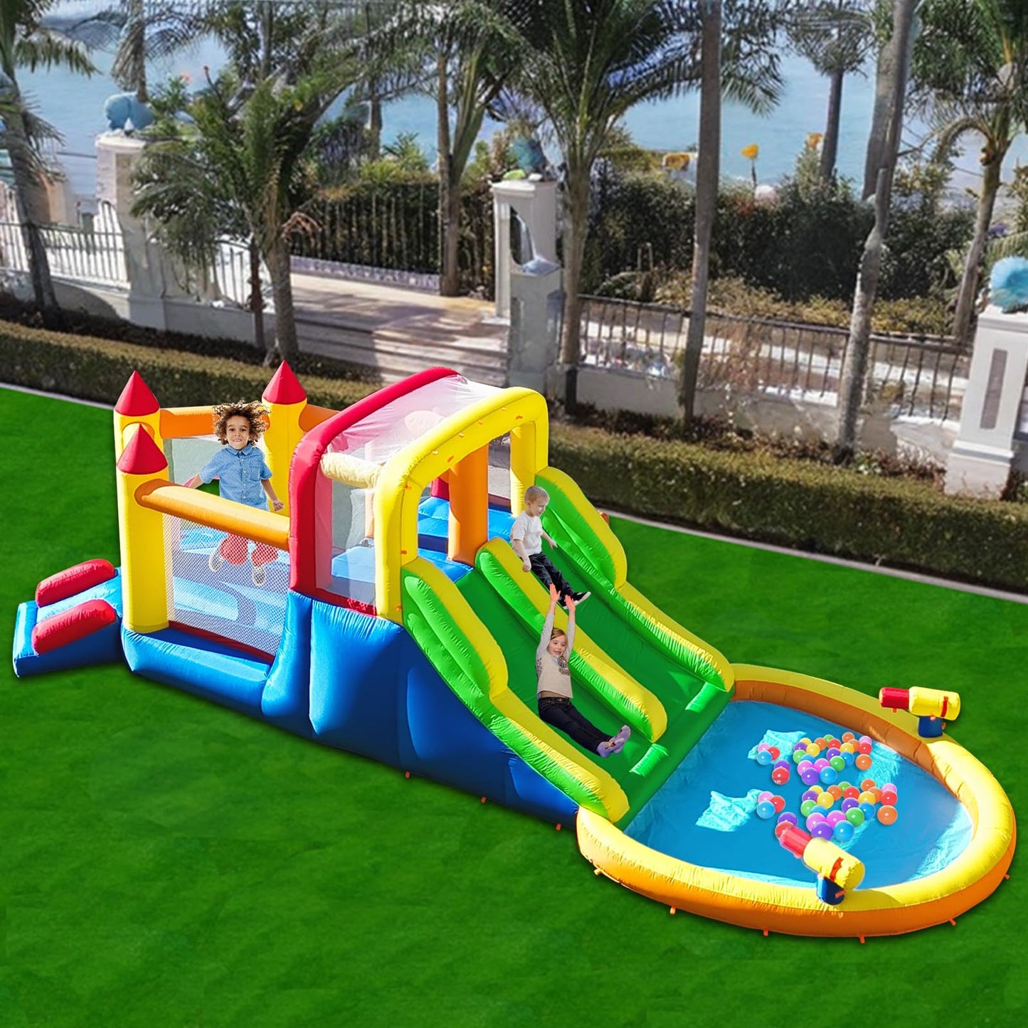 Umbalir InfIatable Bonuce House with 4 Slides & Large Splash Pool, Water Park with Ultra-Wide Climbing Wall, Jumping, Water Cannons & Surprise Water Sprayers for 3-10 yr Kids(20.6'Lx9.6'Wx6.4'H)