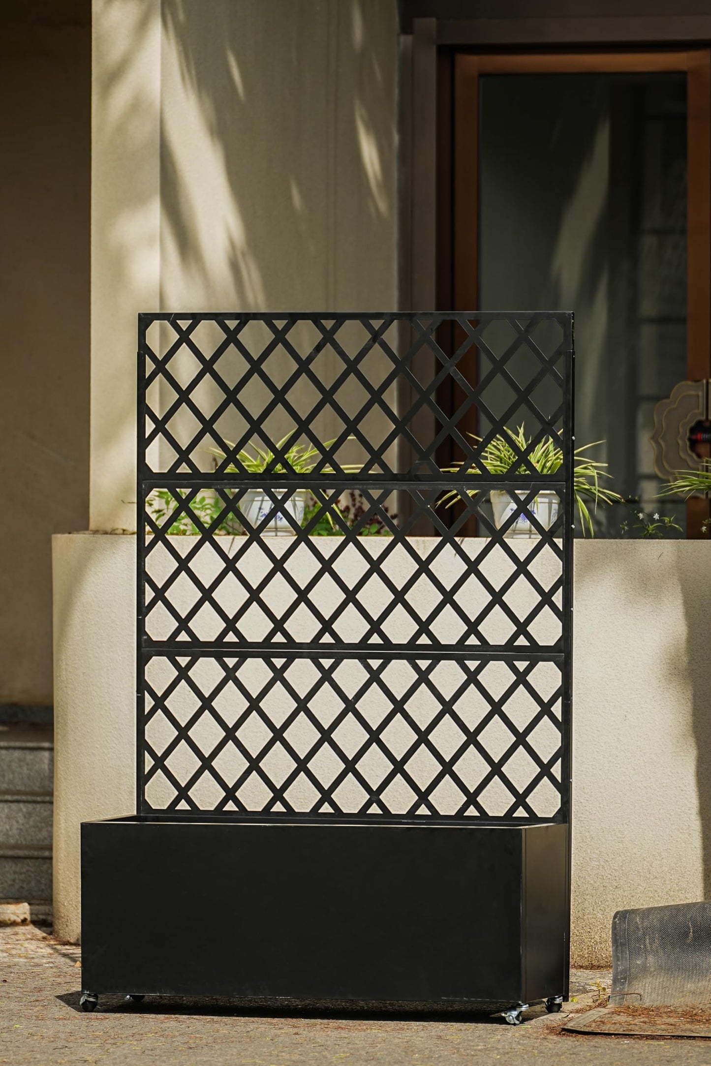 STMHOM Steel Raised Garden Bed with Trellis & Wheels, Mobile Planter Box for Climbing Plants, Privacy Screen Planter with Lockable Casters, Drainage Holes for Vegetables & Vines, 71"X46"X16"