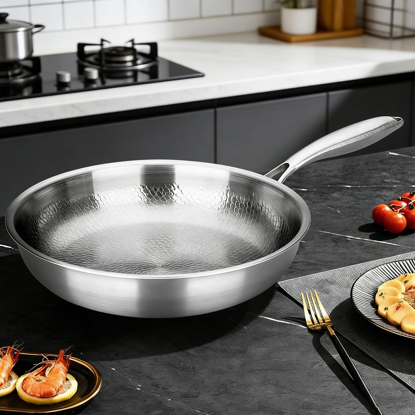 Titanium Pan, Titanium Frying Pan with Lid, Pure Hammered Titanium Pans for cooking, No Coating Nonstick, Lightweight & Scratch Resistant Cookware, Compatible with All Stovetops (No Lid, 11.81in)