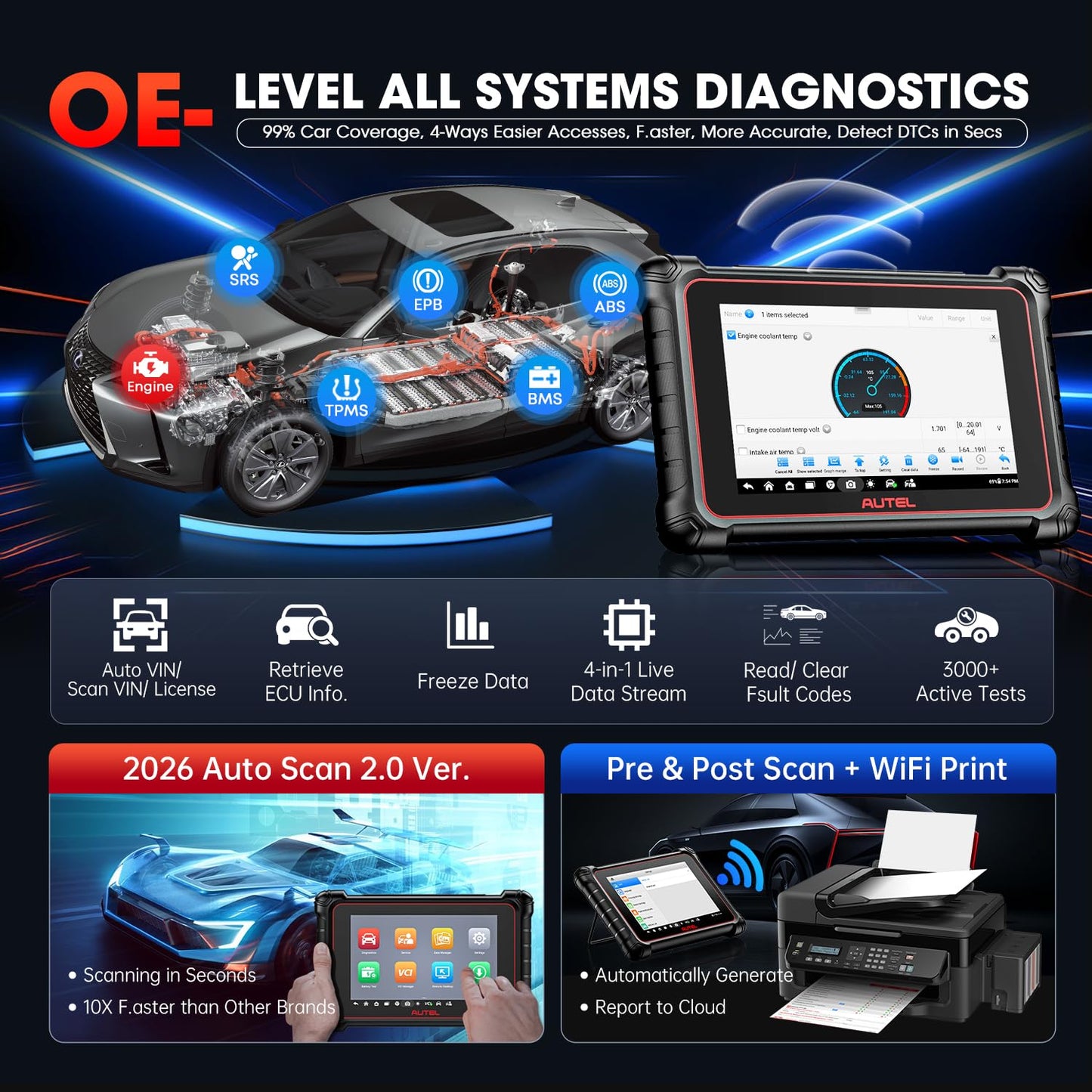 Autel Scanner MaxiCOM MK900BT, 2026 MK900-BT Bidirectional Diagnostic Scan Tool, 2.0 BT Ver. of MK900 MX900, 8in Up of MK808S MK808BT PRO MX808S MK808Z, 40+ Reset, 3K+ Active Tests, CAN FD & DoIP, FCA
