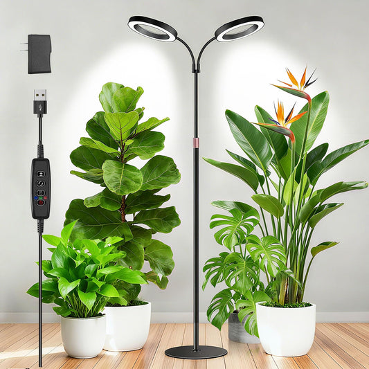 Dual-Head Grow Lights for Indoor Plants, Full Spectrum Plant Lights with 23.5-67" Adjustable Height Stand, 3 Growing Modes with Timer 3/9/12H, Dimmable Halo Grow Lights for Large Tall Plants