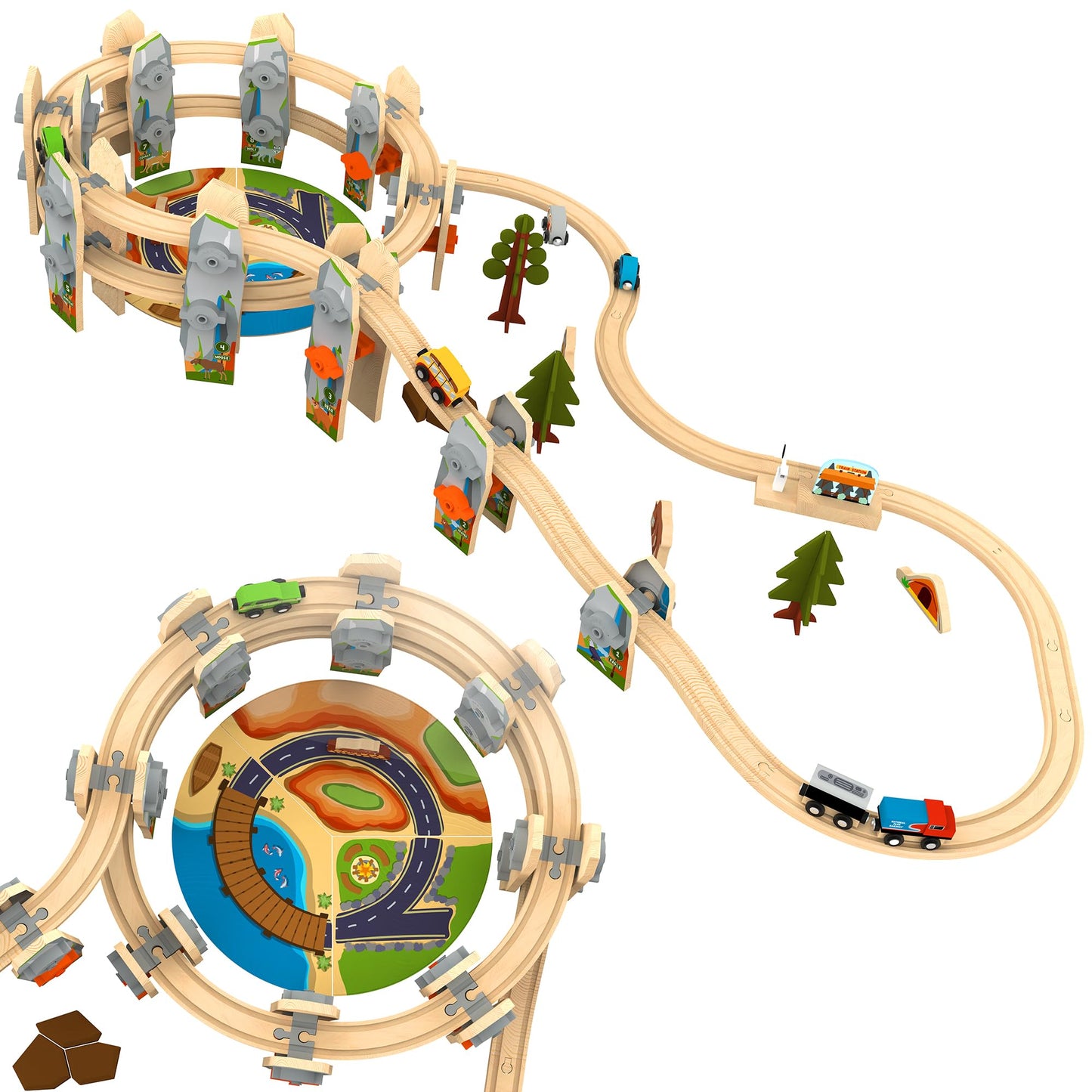 Wooden Train Set 141 Pc Build and Play Elevated Track System STEAM Accredited National Park Animal Railway Multi Level Spiral STEM Toy Gift for Grandkids Kids Toddlers Compatible Thomas Brio Railway