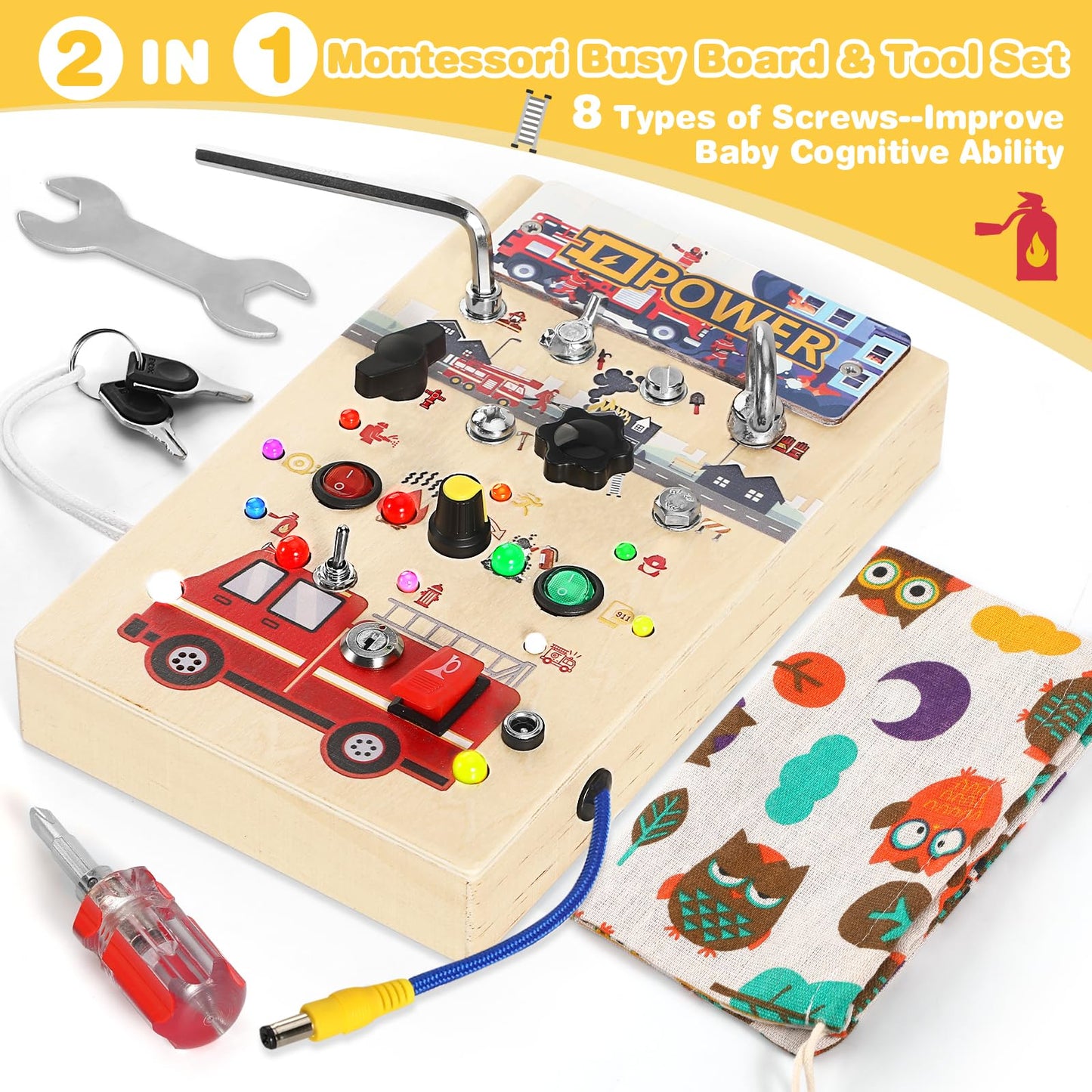 Busy Board for Toddlers 1-3 Montessori Toys - 2 in 1 Wooden Sensory Toys with LED Light Switches & Screwdriver Board - Fire Truck Toddler Learning Toy for 2 3 4 Year Old Boy Girl Car Plane Travel