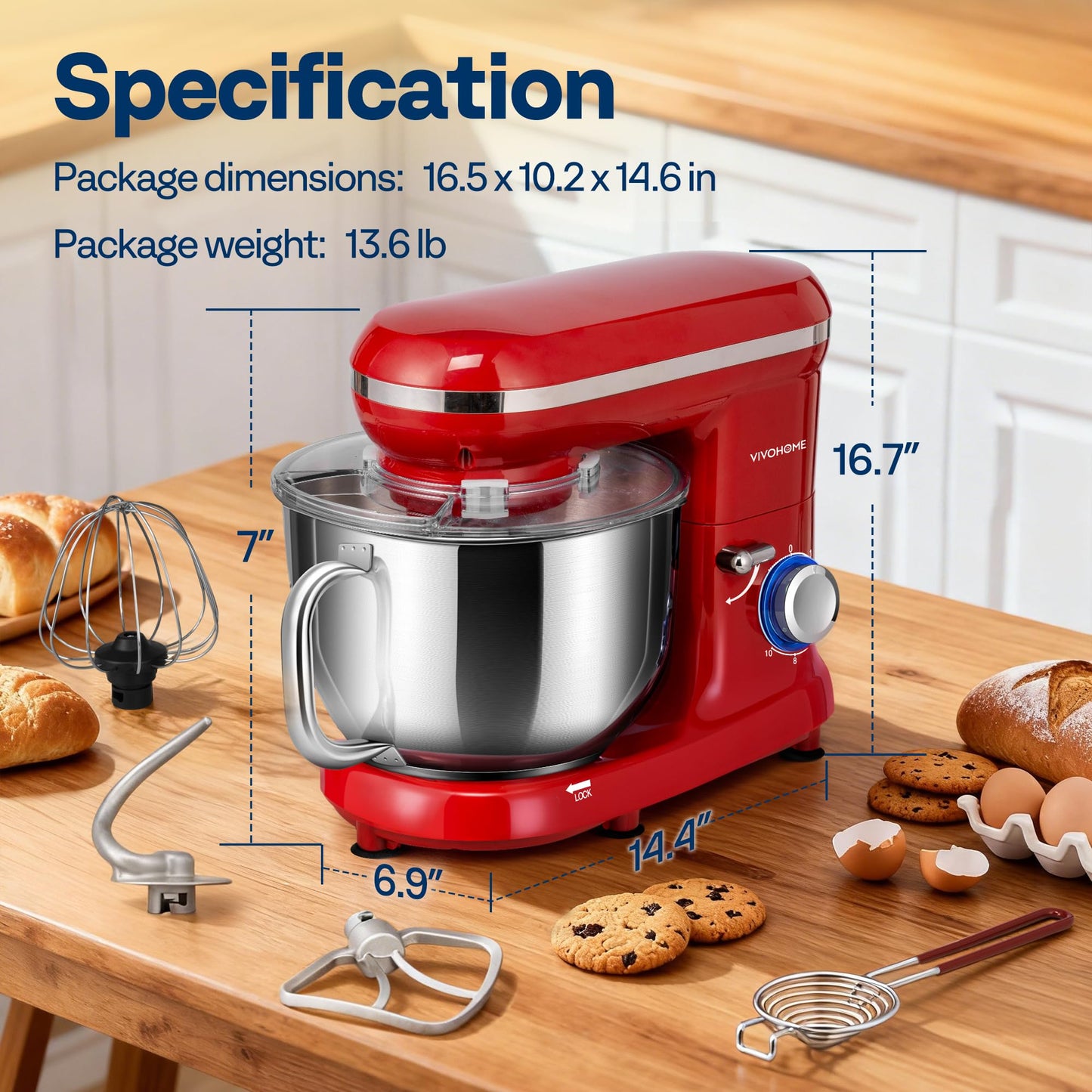 VIVOHOME Stand Mixer, 660W 10 Speed 6 Quart Tilt-Head Kitchen Electric Food Mixer with Beater, Dough Hook, Wire Whip and Egg Separator, Red