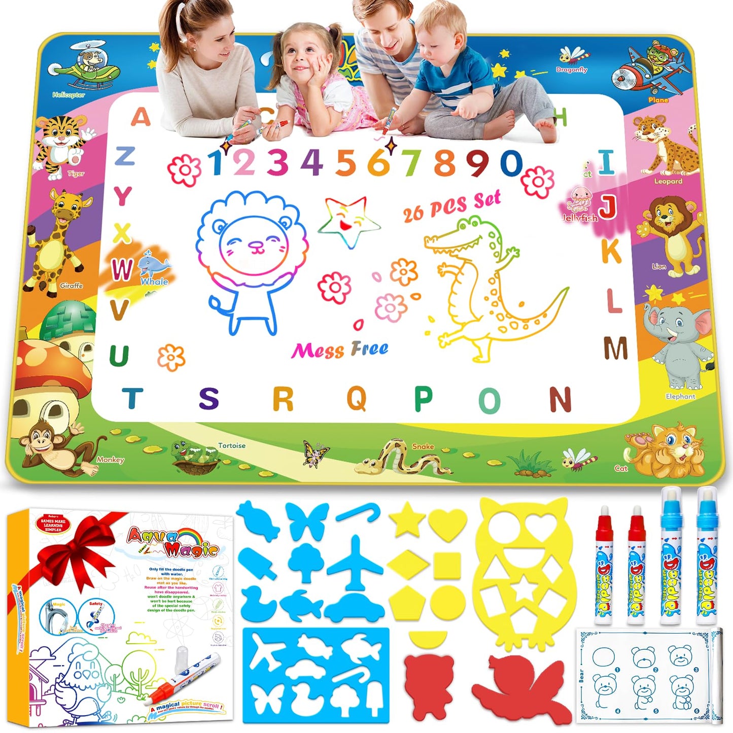 Toddler Toys Water Doodle Mat: 40 X 30 Inch Mess Free Coloring & Drawing Instant Drying Mat - Kids Learning Toys for Girls Age 3-5 Home Educational Activities - Birthday/Christmas Gifts for Girls Boys