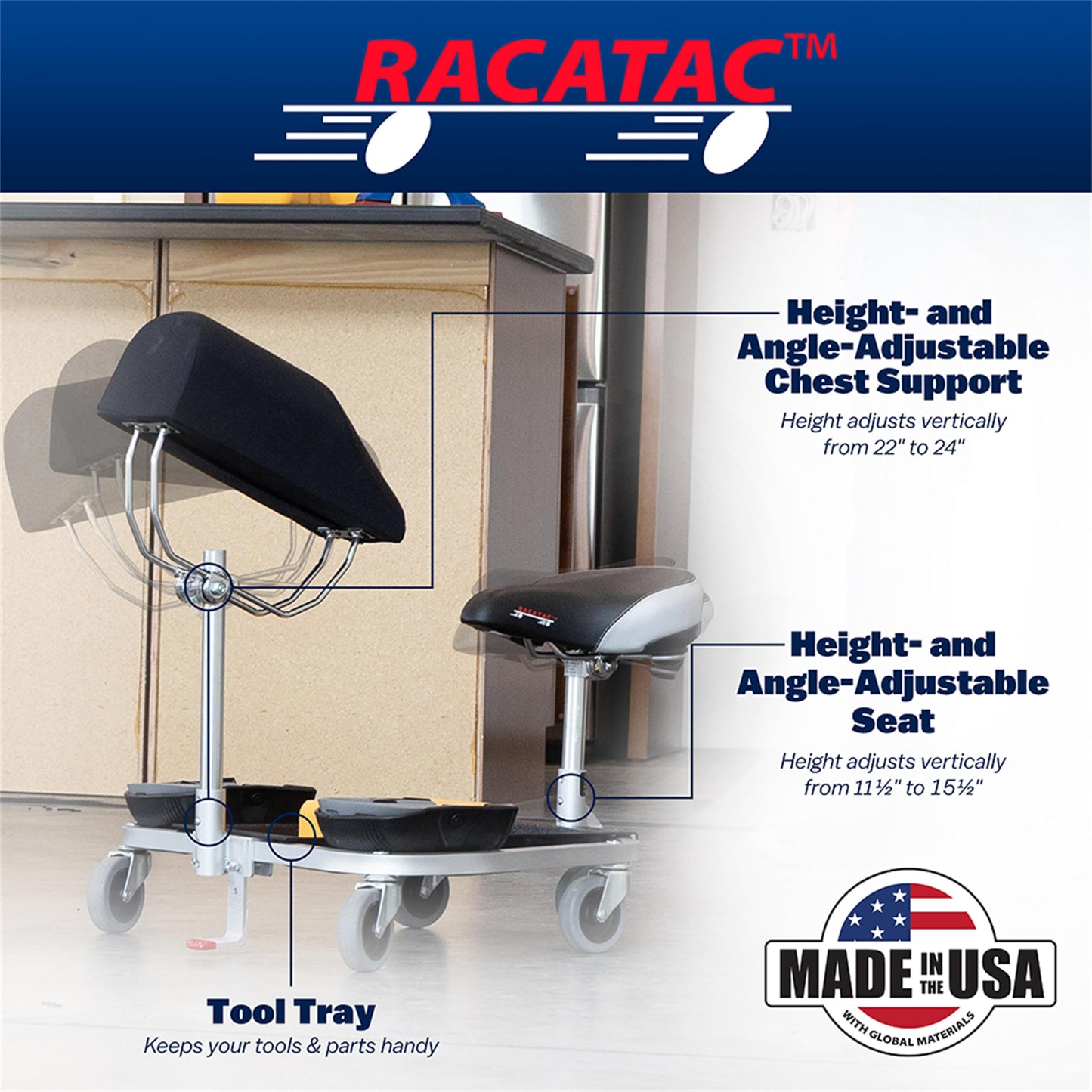 Racatac Kneeling/Sitting Creeper, 3 Inch Casters, Chest Support, Knee Pads, Made in The USA, 01RAC3CS