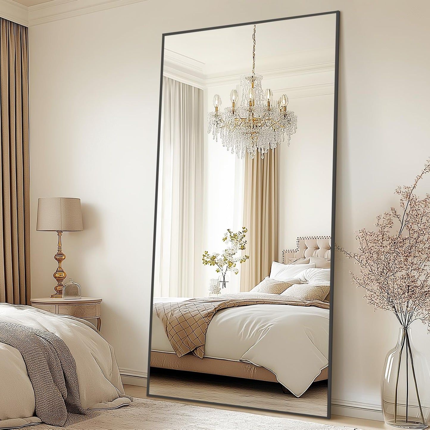 76"X34" Large Floor Mirror Full Length with Stand, Oversized Black Free Standing Full Length Mirror for Bedroom Living Room Home Gym, Rectangular Full Body Mirror, Tempered Glass