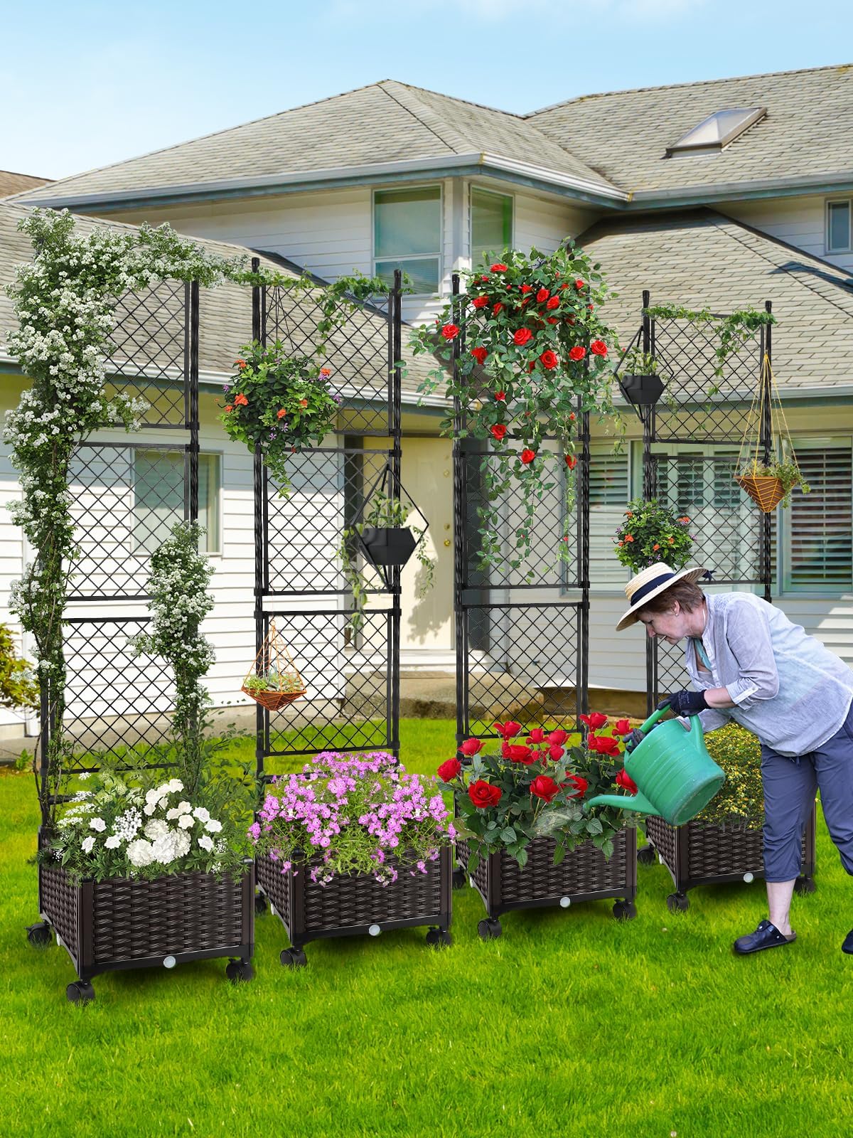 Kalolary 170CM Raised Garden Bed with Metal Trellis, Large Plastic Planter Box with Drainage Hole on Wheels Tomato Planters Climbing Trellis Outdoor Indoor for Climbing Plants Vegetable Flowers Vine