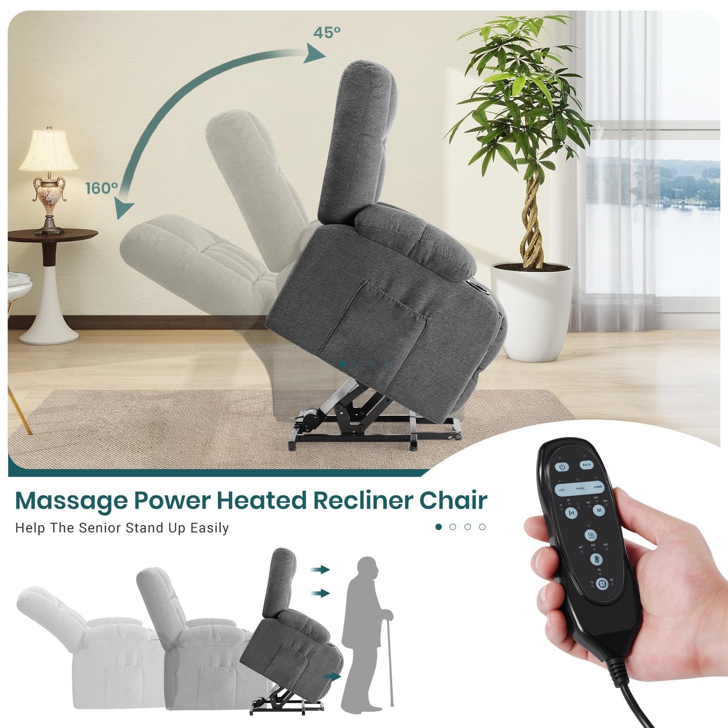 DUMOS Power Lift Recliner Chair with Vibration Massage and Heat for Elderly, Ergonomic Overstuffed Breathable Fabric Reclining Chair with 3 Pockets, Remote Control, Living Room, Bedroom, Grey