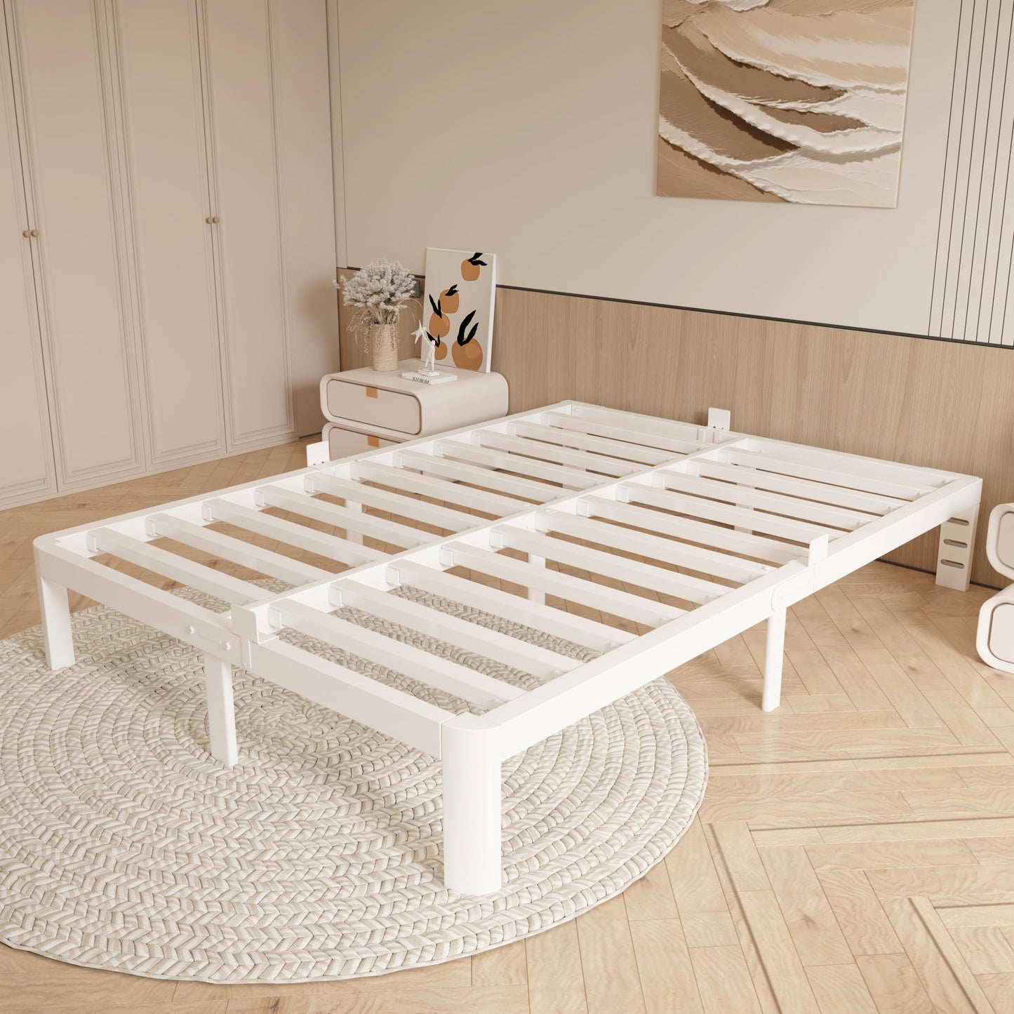 HQU 12 Inch Queen Bed Frame No Box Spring Needed, Platform Bed Frame with Metal Gaskets, Heavy Duty Steel Slat Support, Anti-Slip Mattress Stopper, Round Corner Leg, Easy Assembly, White
