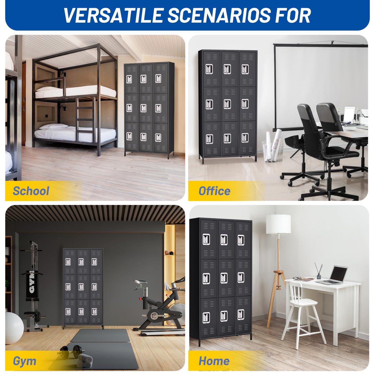GarveeHome 9 Doors Metal Office Storage Cabinet, Metal Lockers for Employees with 27 Hooks and 9 Shelves, 72 Inch Tall Steel Storage Cabinet Locker for Home, Office, Gym, School, Black