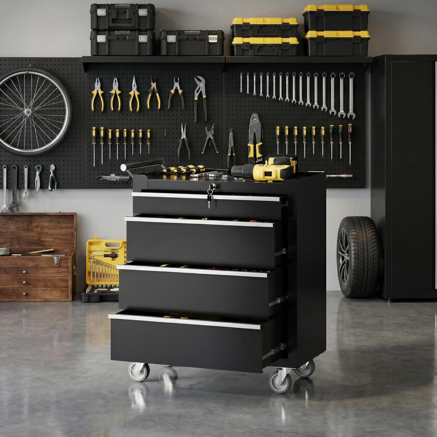 PeakPursuit 4-Drawer Rolling Tool Chest with Lock System, Portable Tool Box with Wheels, Secure Storage Cabinet for Warehouse, Workshop, and Repair Shop, Black