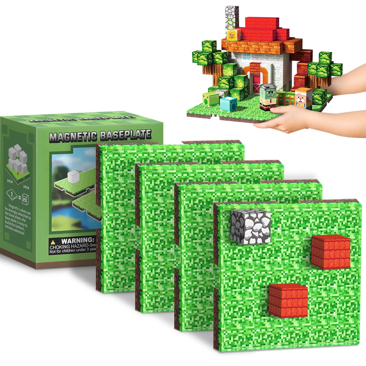 Youngyes Magnetic Blocks Baseplate - Magnet Toys for Kids, 4PCS Baseplate for Minecraft Magnetic Building Blocks Placing 4" x 4", STEM Toys Birthday Gifts for Boys Girls Age 3+ Years Old, Grassland