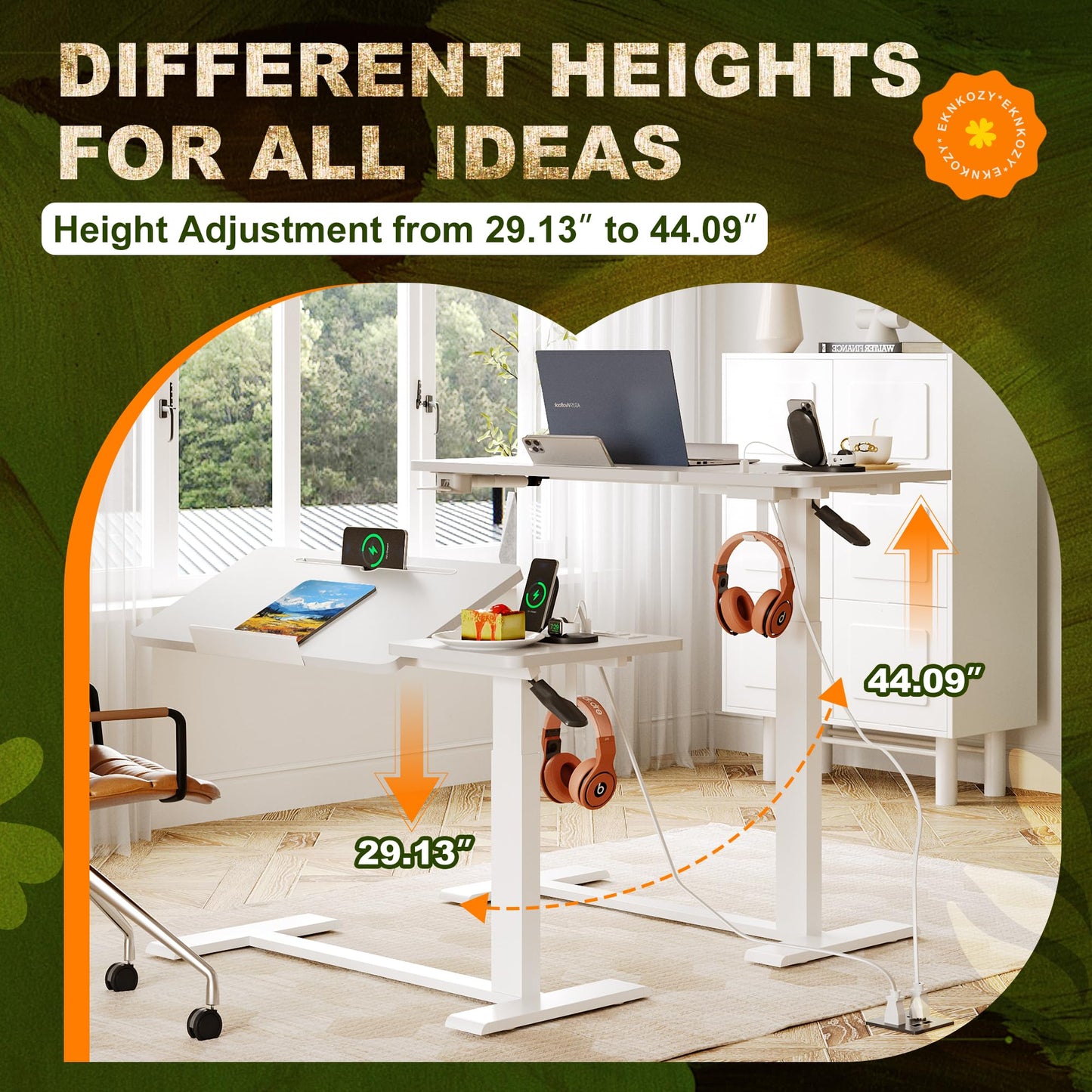 EKNKOZY Standing Desk, Medical Overbed Table with Rolling Tray and Power Outlet, Dual Pneumatic Angle and Height Adjustable Desk, Portable Side Table with Drawer, Home & Hospital Use, White