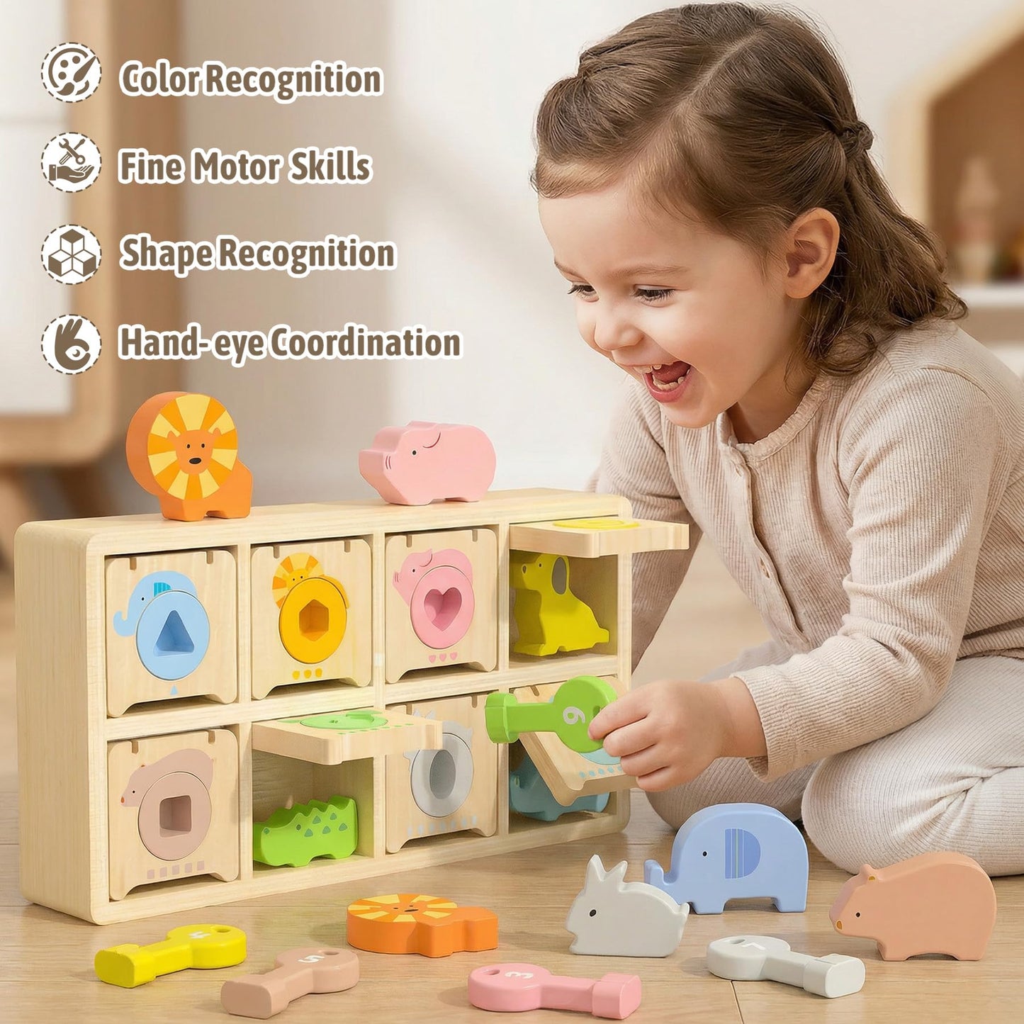 Montessori Toys for 2 year Old,Wooden Keys and Locks Set With 8 Wooden Animals and Keys,Learning Fine Motor Skills Toys for Toddlers,Preschool Educational Sorting Toys for 1-3 Boys and Girls Gift