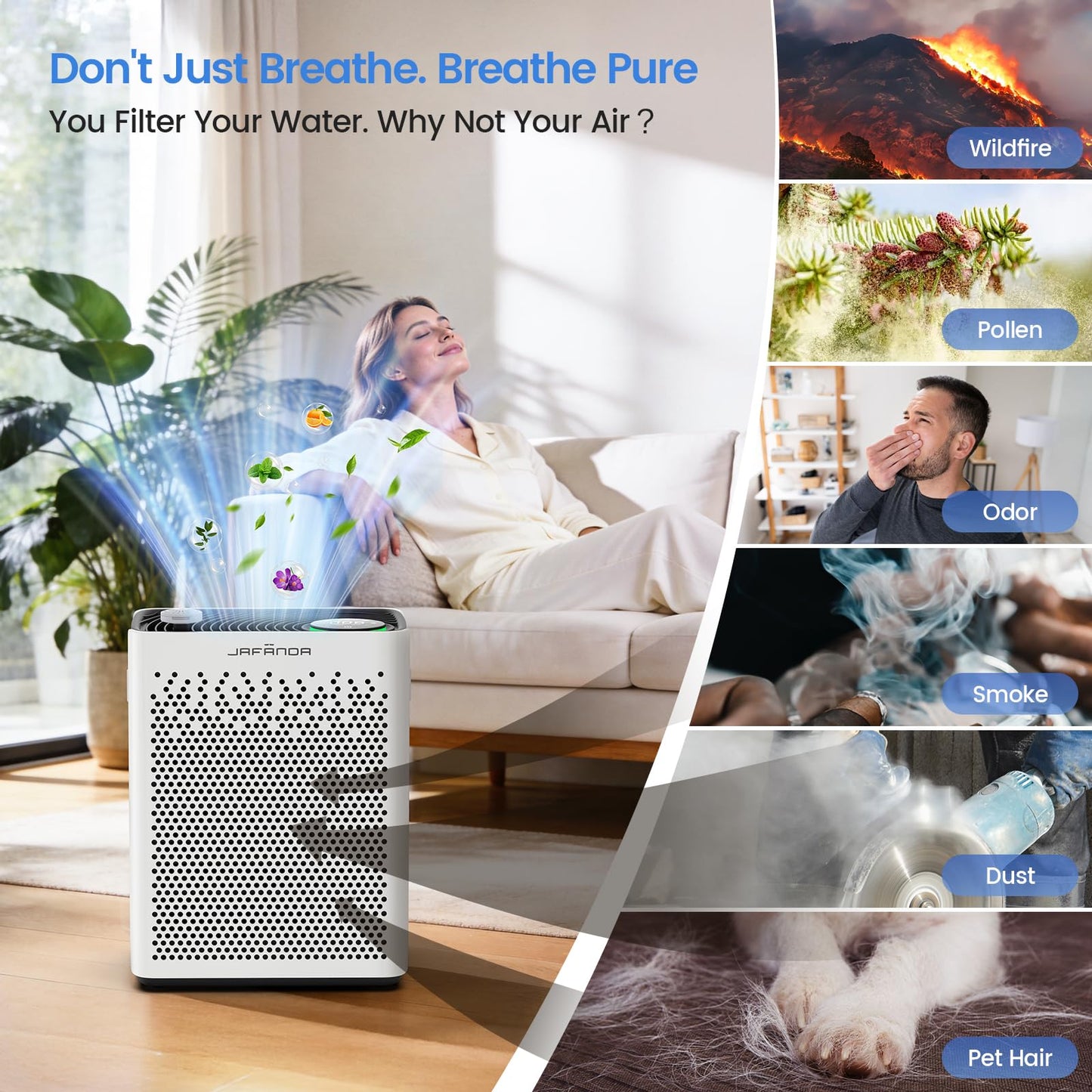 Air Purifiers for Home Bedroom Large Room, Jafända HEPA Air Purifier with Washable Pre-Filter, AHAM VERIFIED, Air Cleaner with Smart Auto-Mode PM2.5 Display for Pets, Smoke, Dust Pollen