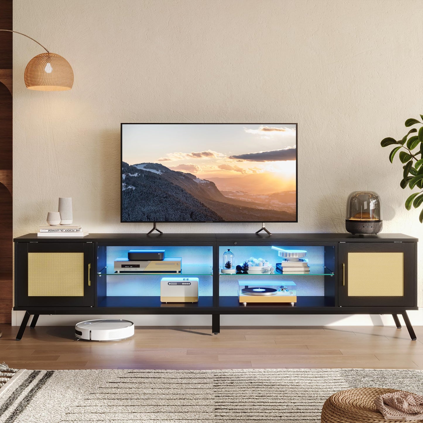 Bestier 80 Inch Black Rattan TV Stand with Storage for 85 Inch TV, 4-in-1 Mid Century Modern Entertainment Center with LED Lights, Doors and Adjustable Glass Shelves for Living Room