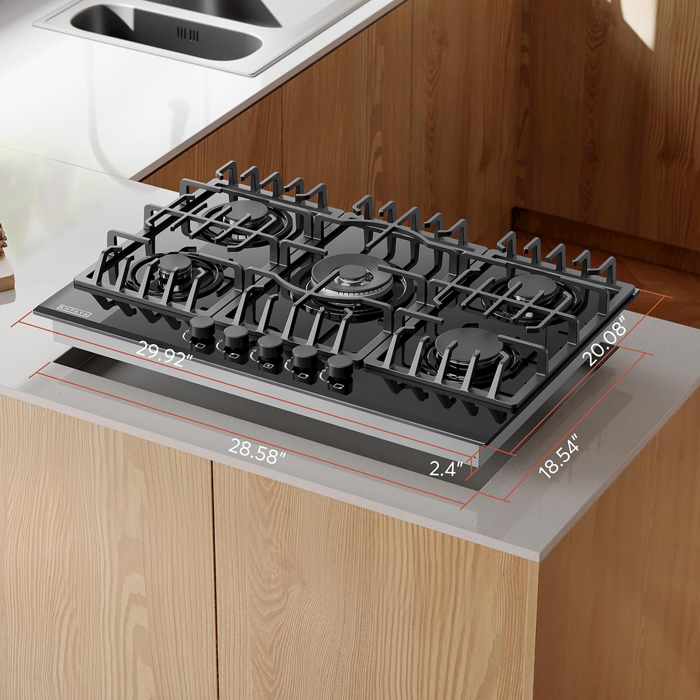 Empava 30 in. Gas Stove Cooktop 5 Italy Sabaf Sealed Burners NG/LPG Convertible in Black Tempered Glass EMPV-30GC26, 36 inches