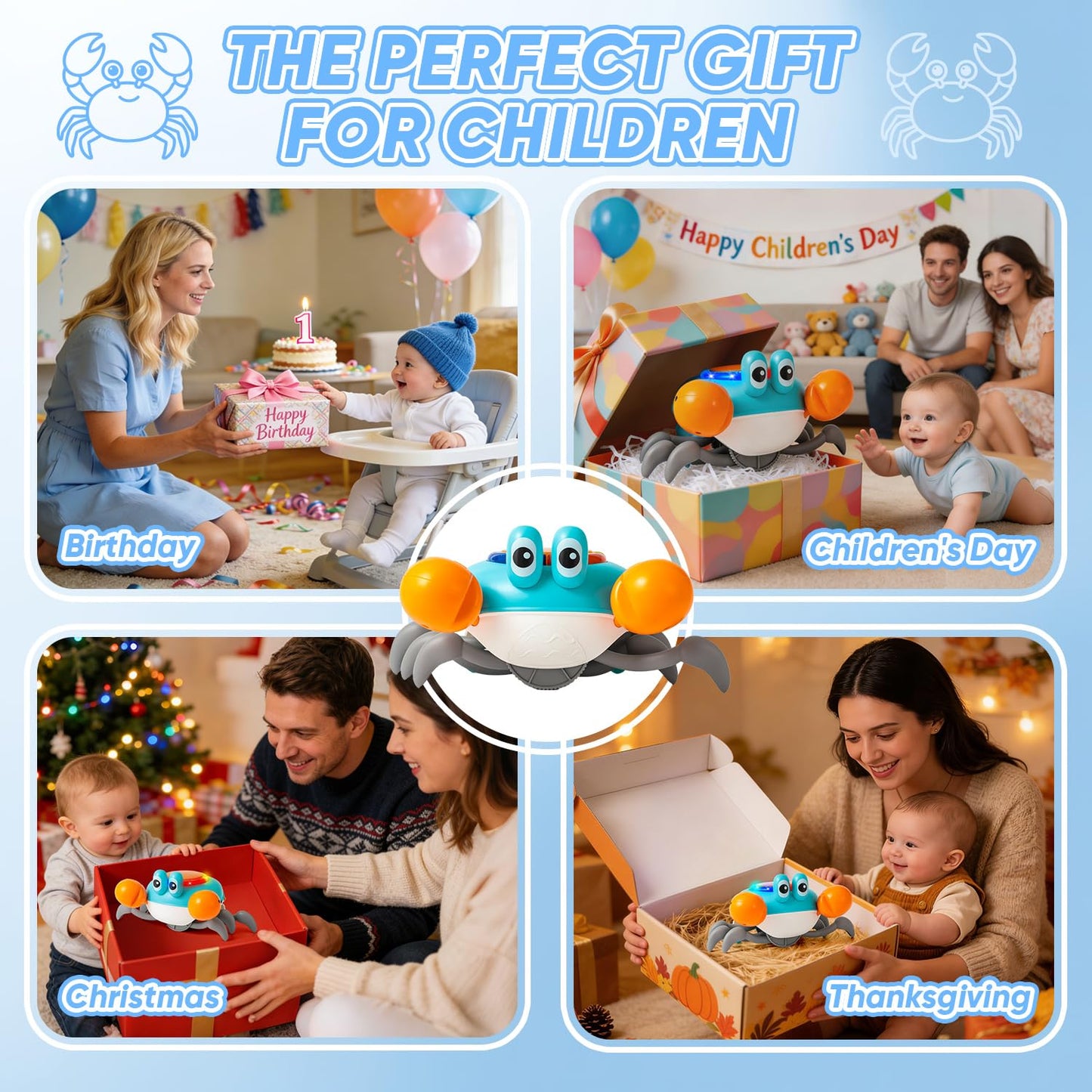 Crab Tummy Time Toys for 1 Year Old Kids, Light-up Dancing Musical Crawling Crab Baby Toy, Early Educational Tummy Time Baby Toys for 6-12 Months Toddlers, Boys and Girls 1st Birthday Gift.(Blue)