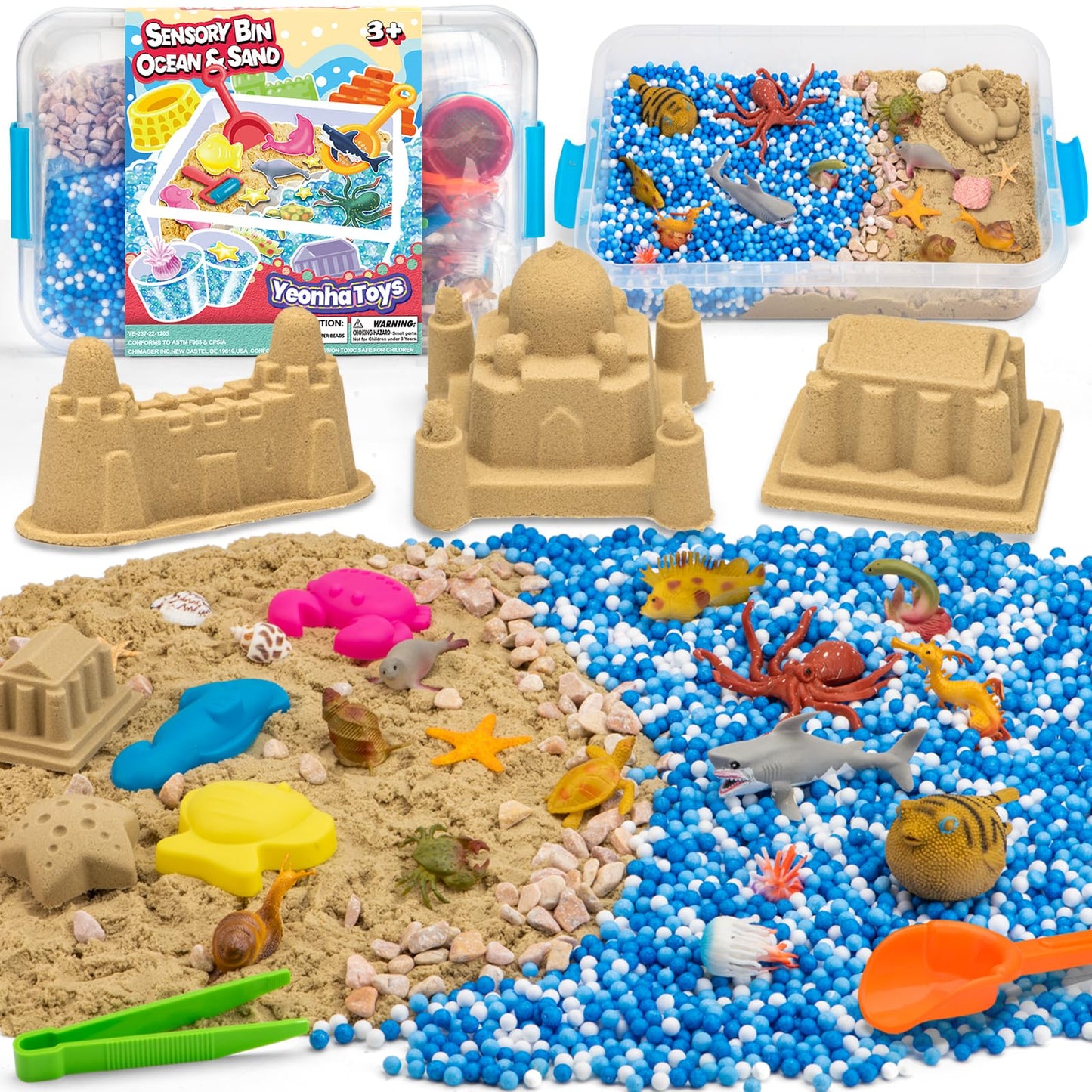 Ocean&Sand Sensory Bin with Lid, 42 Pcs Sensory Sand Kit with Sea Animals for Kids, Birthday Christmas Gifts for Boys Girls, Preschool Learning Activities Tools Box, Outdoor Sandbox Toys for Toddlers