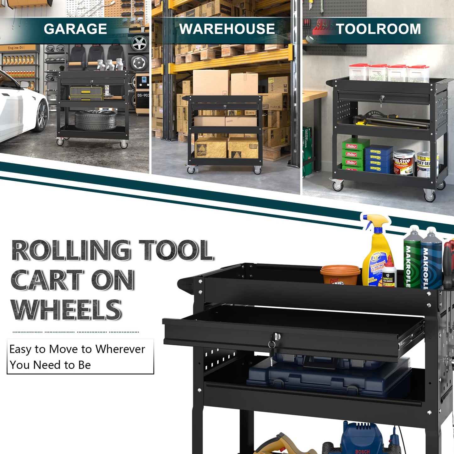 3 Tier Rolling Tool Cart on Wheels with Locking Drawer - Metal Service Cart Industrial Utility Cart for Mechanic - 350 LBS Mobile Storage Organizer for Garage, (Black)