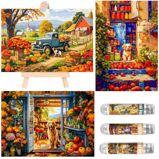 Small Jigsaw Puzzles for Adults 150 Pieces Vintage Country Puppy Painting Challenging Mini Puzzles Tiny Jigsaw Puzzles 6 x 4 Inches, 3 Pcs,Mini Easel Included