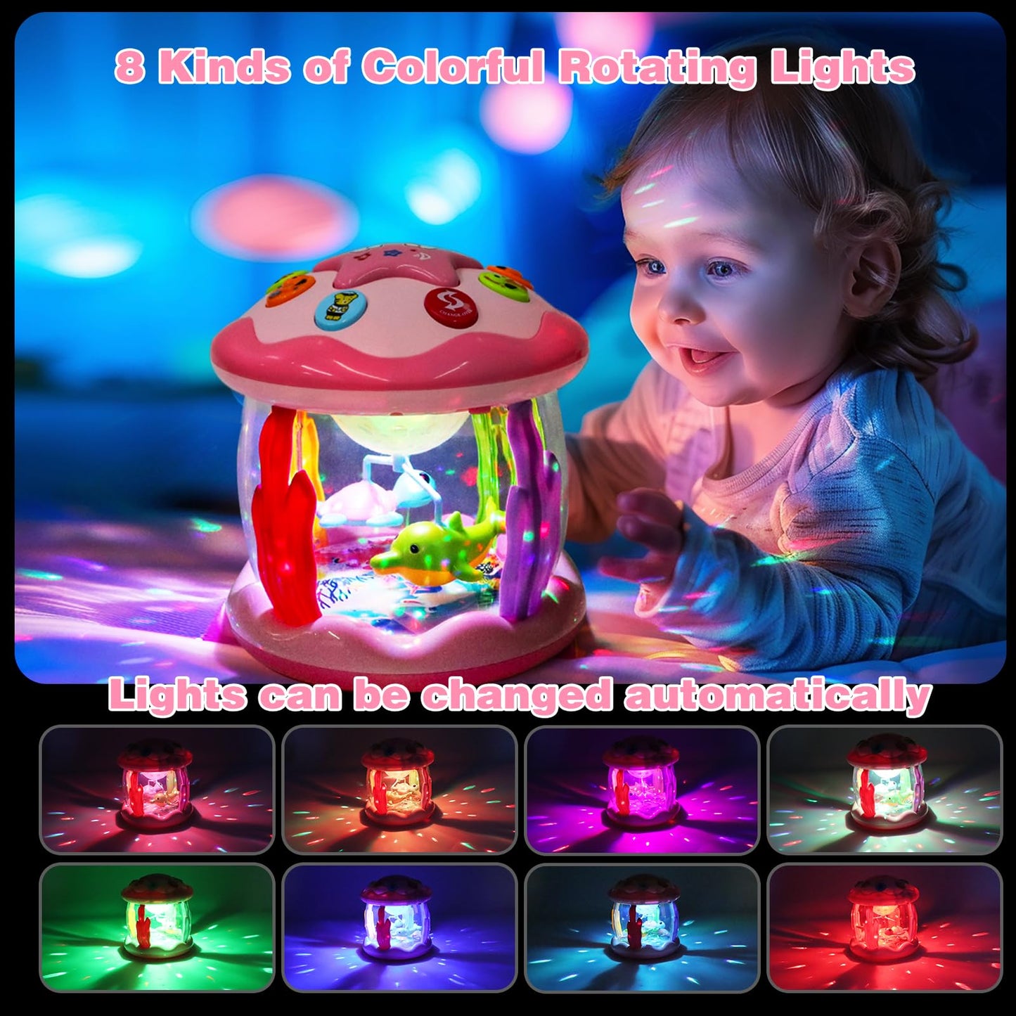 Avesa Baby Toys 6-12 Months Girl Gifts: Babies Ocean Rotating Light Up Musical Toys for Toddlers 1 2 Year Old Crawling Learning Infant Toy 6 7 8 9 10 11 12 Months Old Baby Girl Gift (Pink)