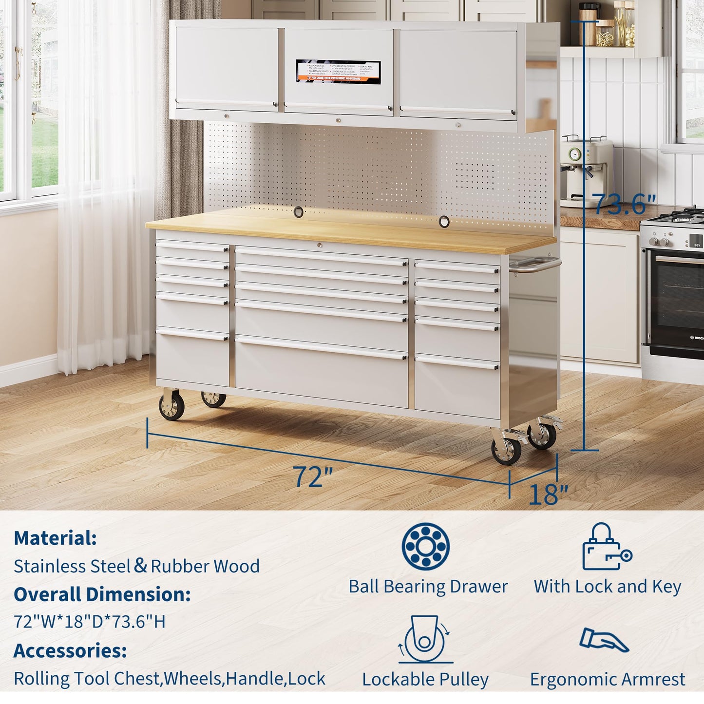 GAOMON 72 Inch Tool Chest, Tool Cabinet with 15 Drawers, Mobile Storage Cabinet with Locking System, Stainless Steel Material and Sturdy Structure, High Capacity for Home Workshop Kitchen and Garage.
