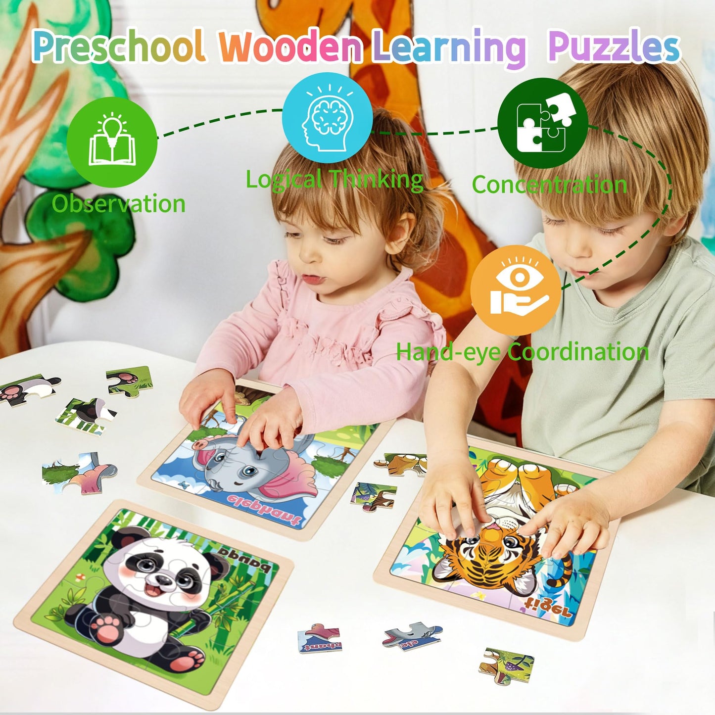 Wooden Animals Puzzles for Toddlers 2-4, 8 Pack 9 PCS Jigsaw Puzzles for Kids 2-4, Wooden Puzzles for Toddlers 3-5, Animal Puzzles for Kids 3-5, Preschool Puzzles Learning Educational Sets Toys