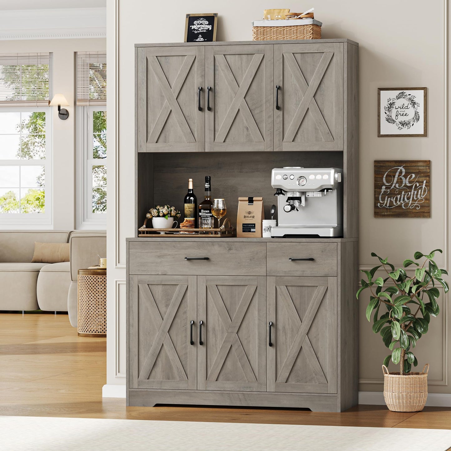 HOSTACK 71" Pantry Cabinet with Charging Station, Tall Kitchen Pantry Storage Cabinet with Microwave Stand, Farmhouse Kitchen Hutch with Storage Drawers for Living Room, Dining Room, Ash Grey