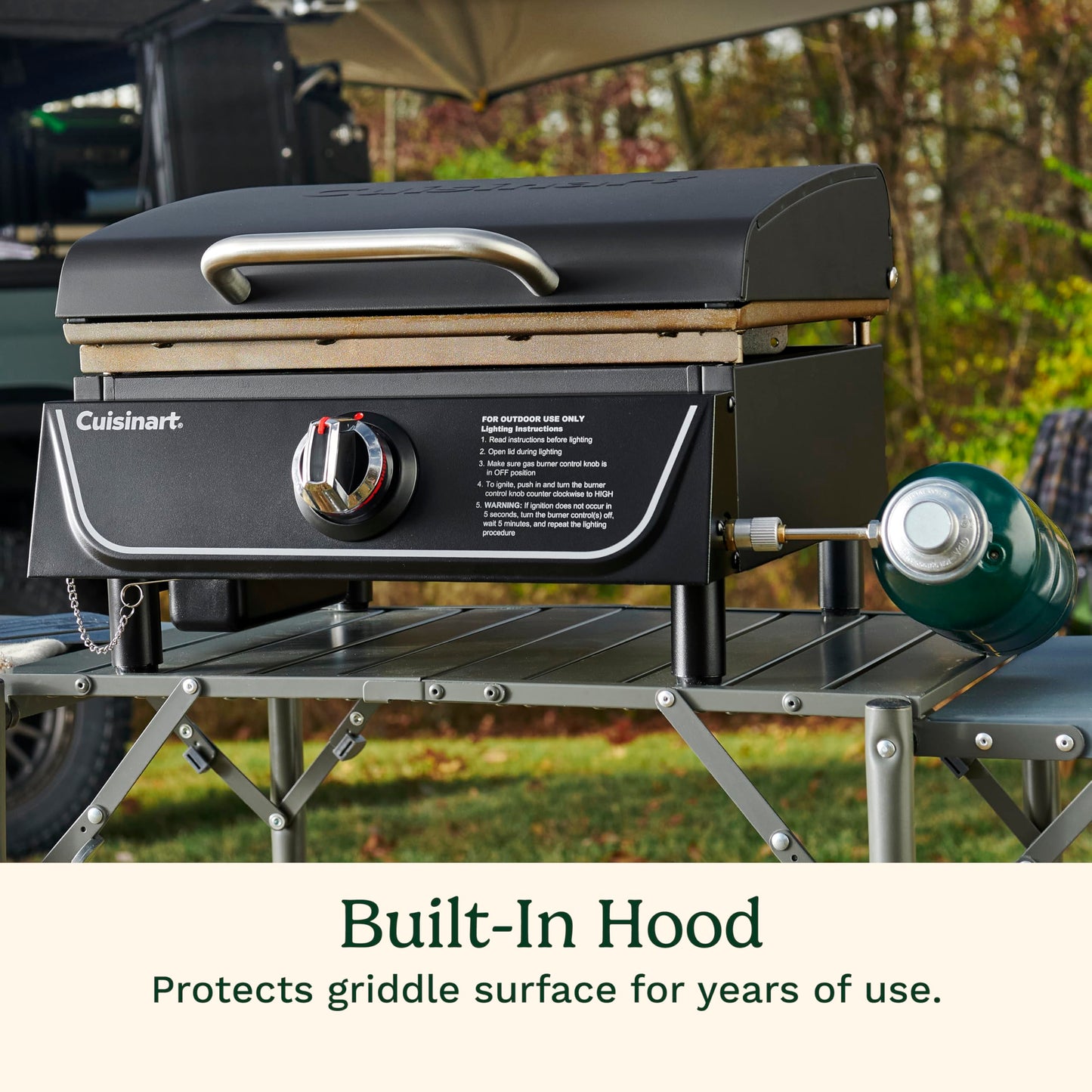 Cuisinart 17” Tabletop Gas Griddle with Hood, Easy Assembly Compact Outdoor Flat-Top Grill with Grease Cup, 255 Sq. In Cooking Space Perfect for Camping, Tailgates and BBQs