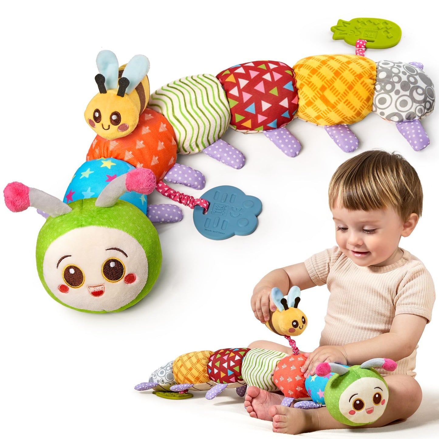 TUMAMA Baby Toys for 0 3 6 9 12 Months, Caterpillar Sensory Toy, Infant Baby Stuffed Animal Activity Soft Toys with Teether, Tummy Time Sensory Toys, Newborn Infant Sensory Toys Birthday Gifts