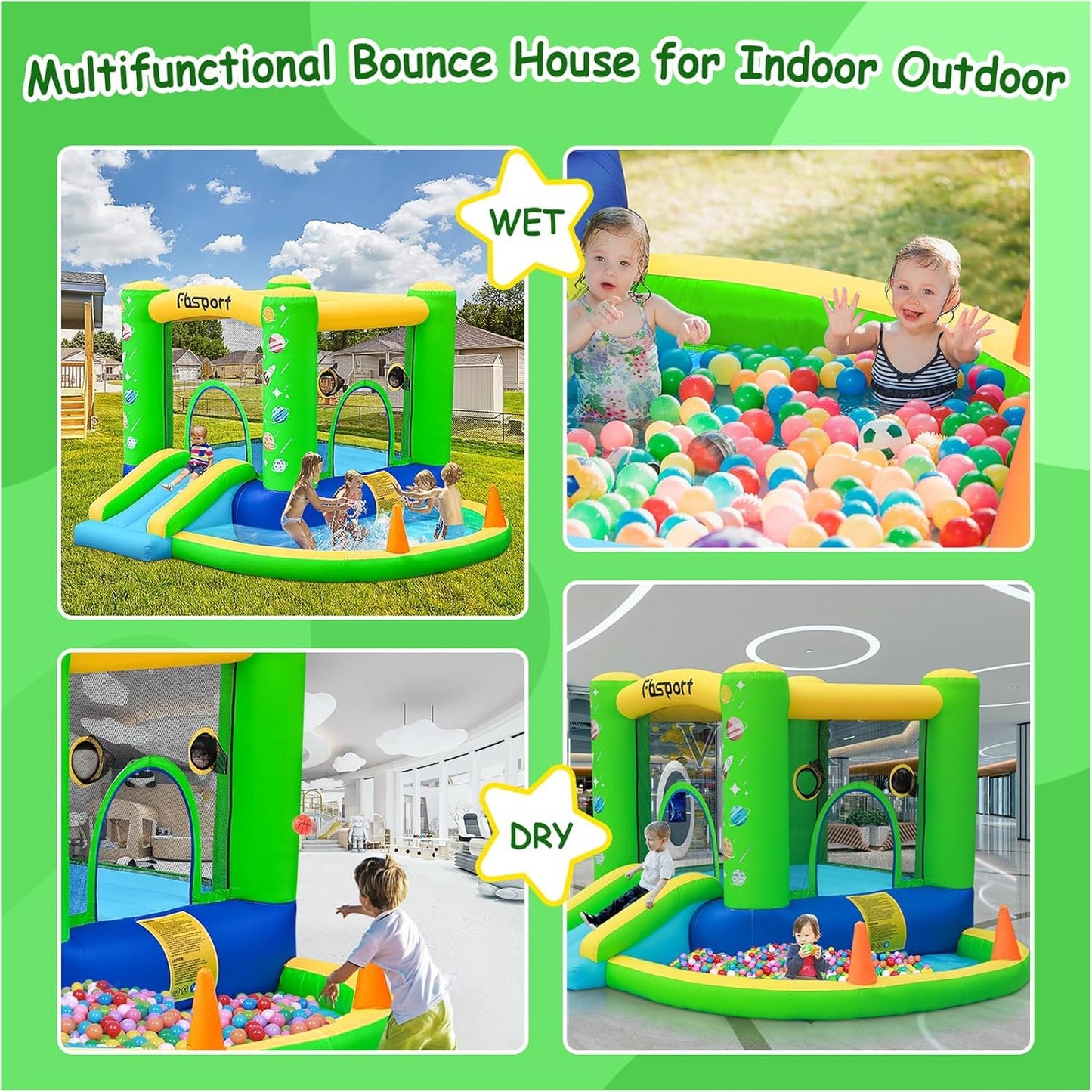 FBSPORT Inflatable Bounce House, Kids Bounce Castle Slide for Indoor Outdoor,Toddler Baby Jumper Bouncer, Kids Jumping Bouncy House with Blower, Ball Pit Pool, Basketball Hoop, Dart Game, Green