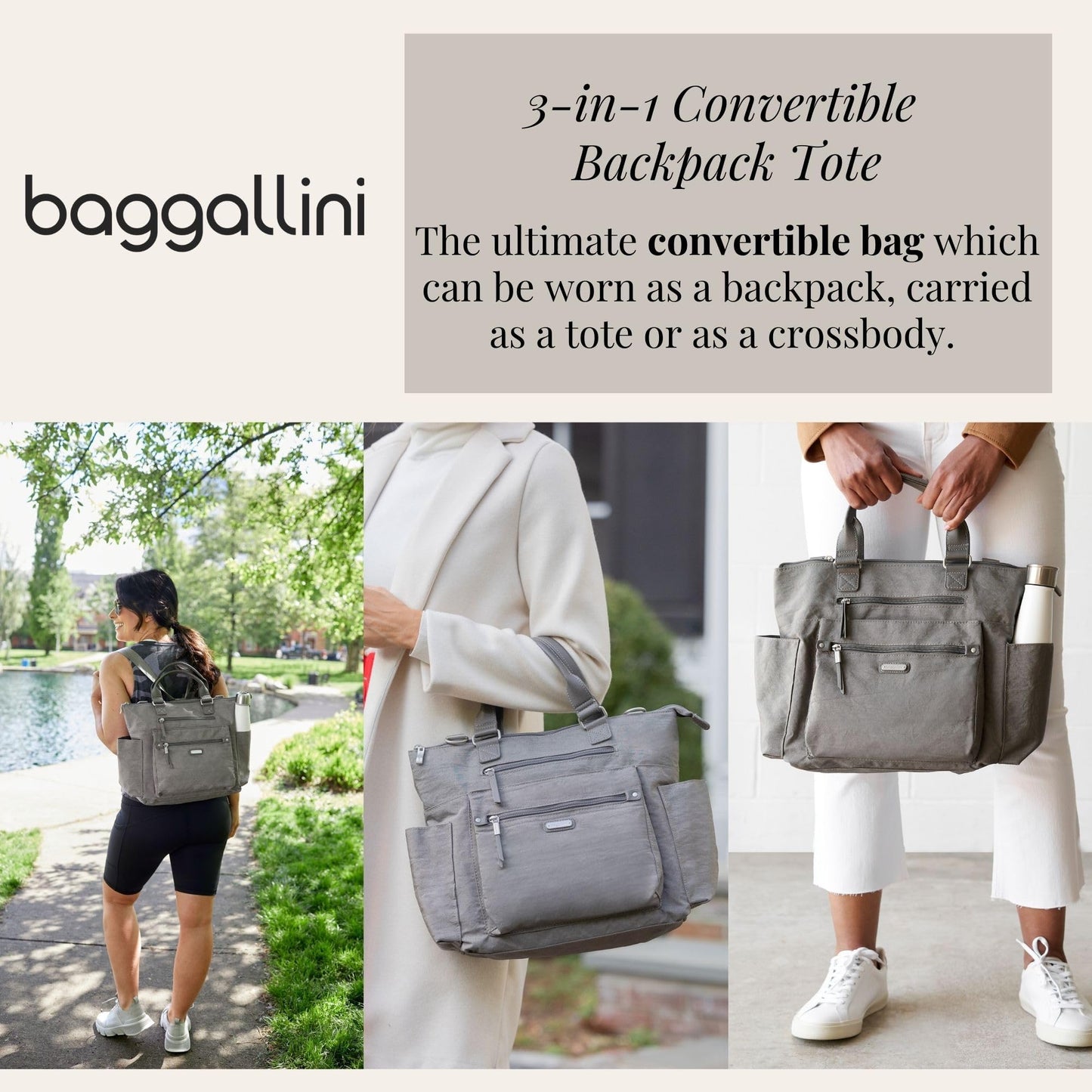 Baggallini 3-in-1 Convertible Backpack Tote Handbag - 15x12" Lightweight Travel Bag w/ RFID Phone Wristlet