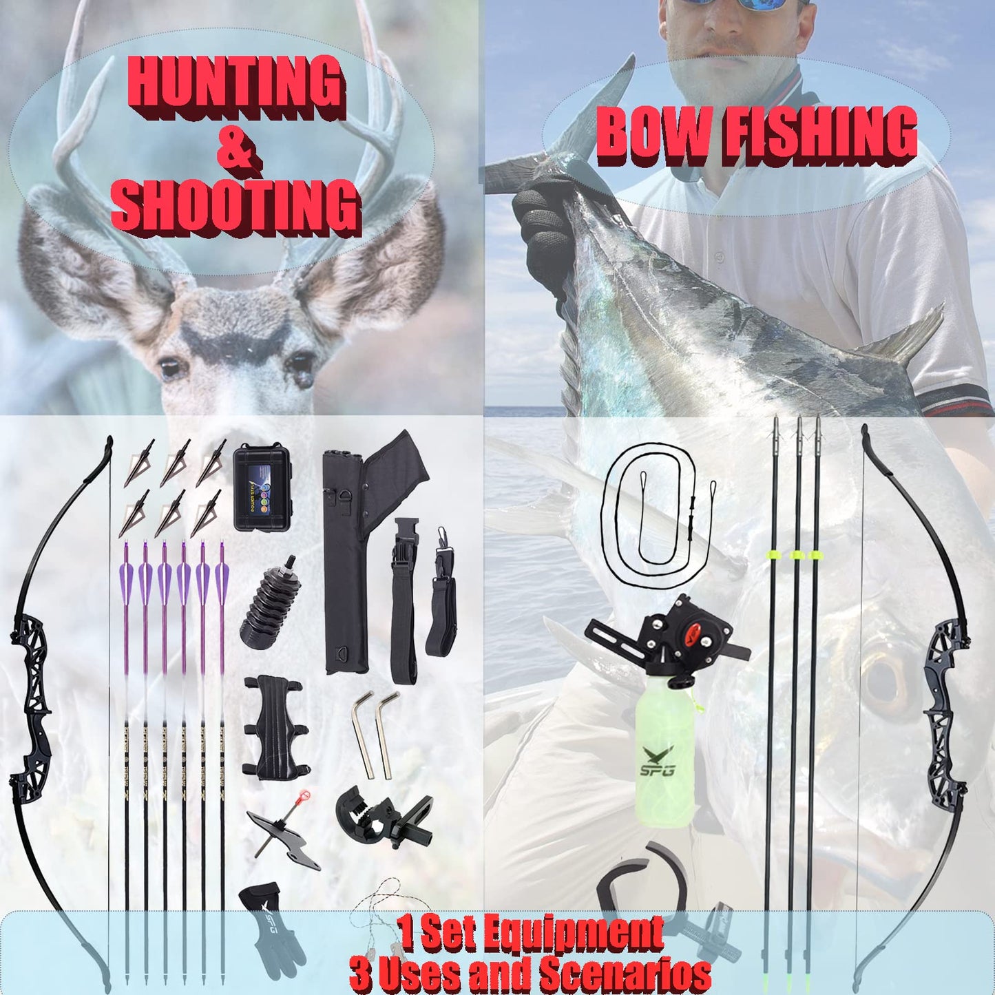 SOPOGER Bowfishing Recurve Bows Set - Archery Bow Kits Package Dual Use for Adult Hunting Practice Shooting Fish with Solid Fishing Arrows and Bowfishing Bottle Reels (Black 40Lbs)
