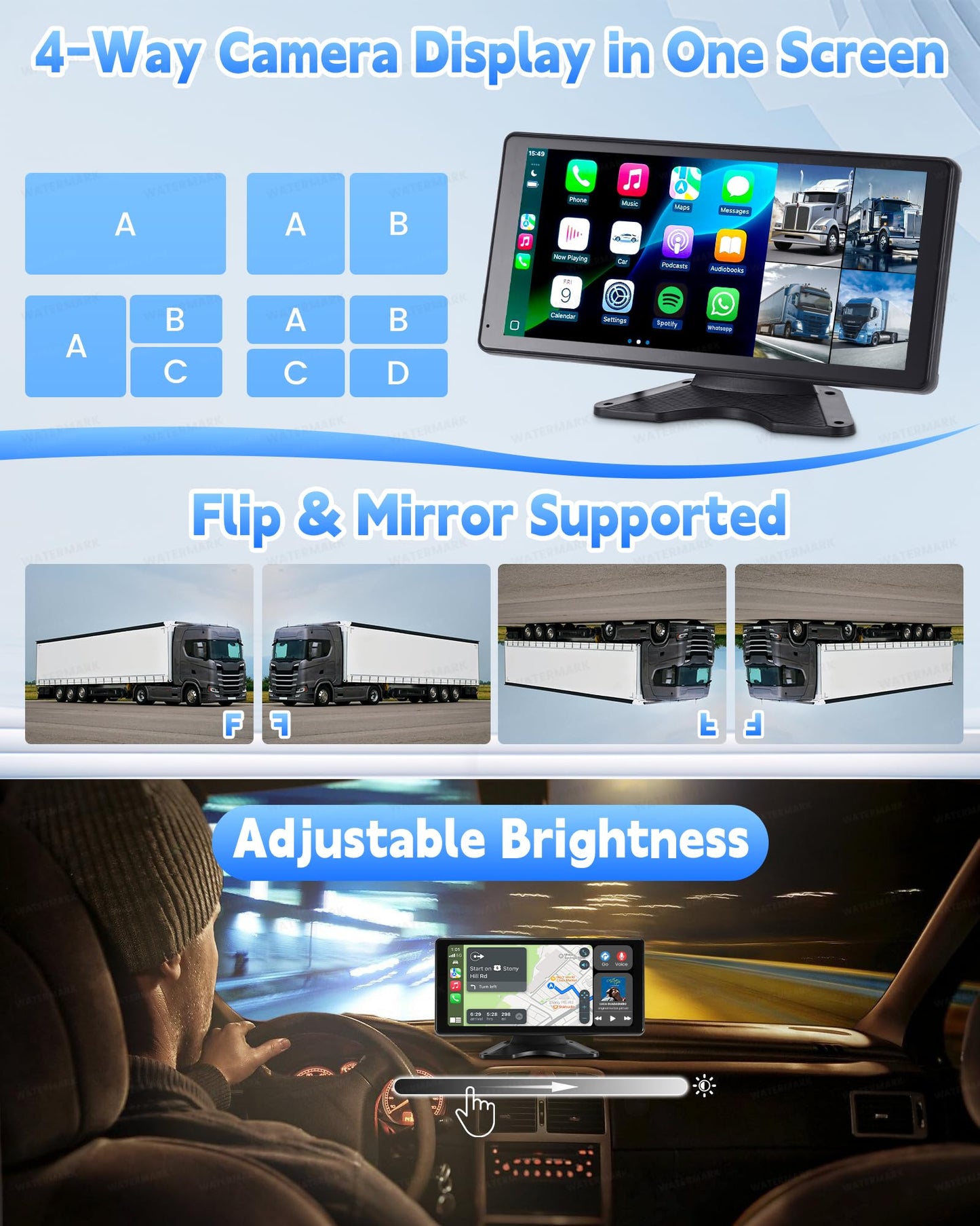 Venluna RV Camera System with Carplay & Android Auto, 10.36" Touch Screen Monitor, Wired 4 1080P IP69 Waterproof Backup Cameras for Semi Truck Trailer Camper, Blind Spot Detection/DVR Loop Recording