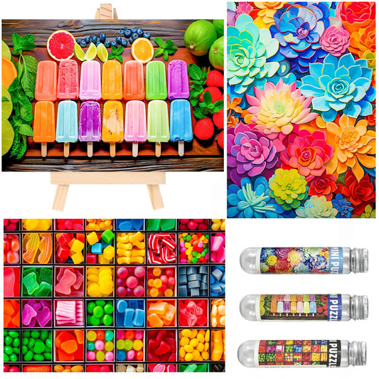 Small Jigsaw Puzzles for Adults 150 Pieces Colorful Candy Ice Pop Succulent Mini Jigsaw Puzzles Challenging Mini Puzzles Tiny Jigsaw Puzzles 6 x 4 Inches, 3 Pcs,Mini Easel Included
