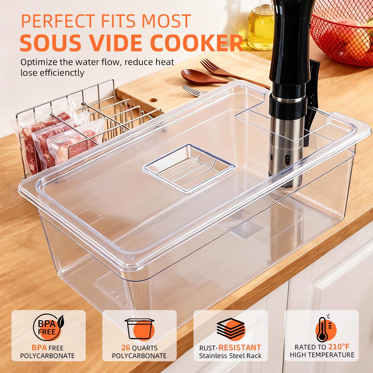 WELKOR Sous Vide Container 26 QT with Lid, Rack & Spoon-Precision Cooking Tub for Anova Nano, Joule, Instant Pot Immersion Circulators - Large Accessories Kit (Square opening)