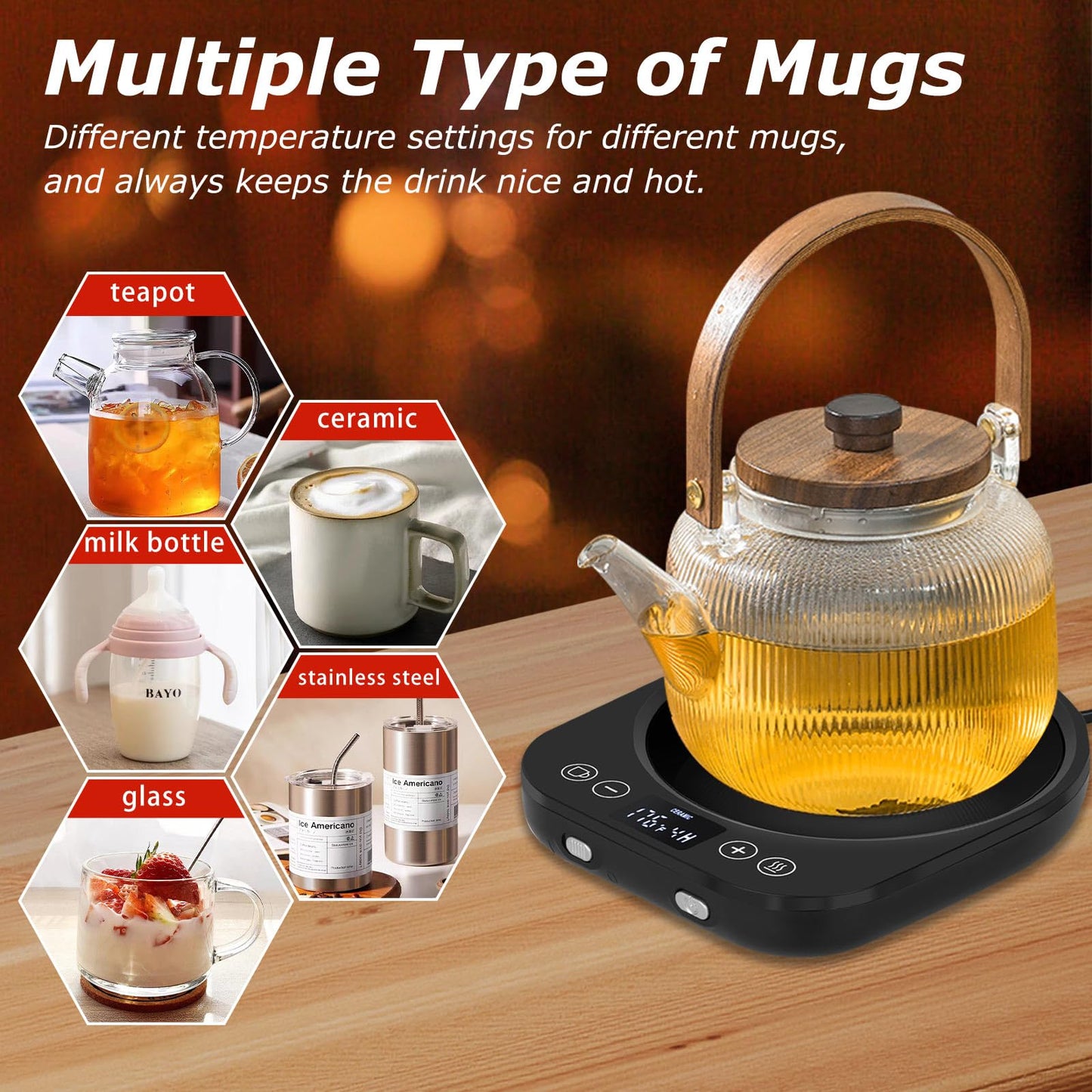 PUSEE Candle Mug Warmer Electric, Auto On/Off Gravity-Induction Coffee Warmer with 9 Temp Settings, 1-9 Timer Candle Melter, Beverage Warmer for Home & Office