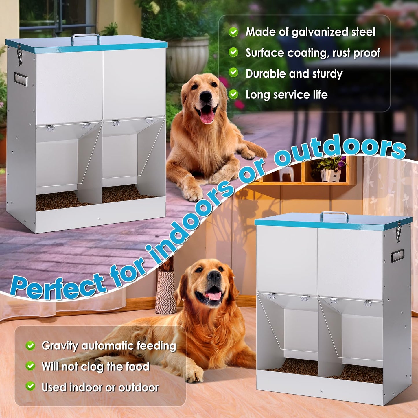 KHEARPSL 46lbs Automatic Dog Feeder for 2 Dogs Large Breed Dog Food Dispenser Outdoor Gravity Dual Pet Feeder Galvanized Steel Hangable Outside Pet Feeding Station