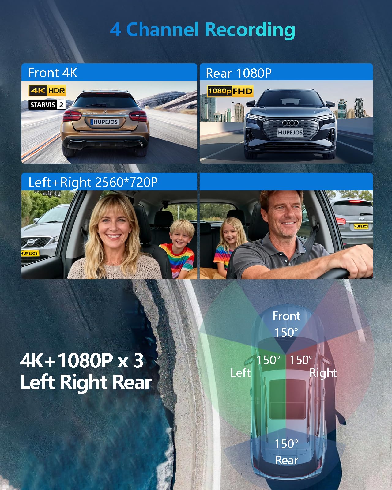 AI 4K Dash Cam Front and Rear Recording with Driver Monitoring System, STARVIS 2, 360° View 4 Channel Dashcam Free 64G Card, 5G Wi-Fi GPS, 3" Touch Screen, Night Vision, 24/7 Parking Mode, V8 MAX