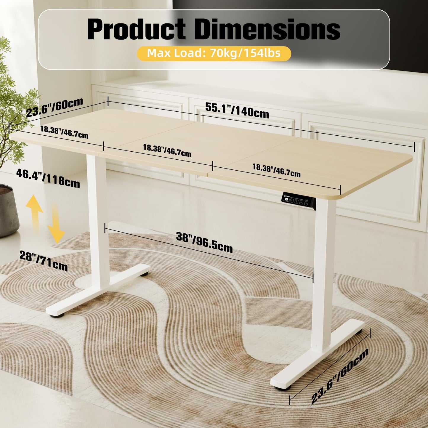 ERGOMAKER Electric Standing Desk, 55" x 23.6" Height Adjustable Sit Stand Desk with Splice Board for Home Office, Computer Desk Memory Preset (White Frame, Gold Oak Desktop)