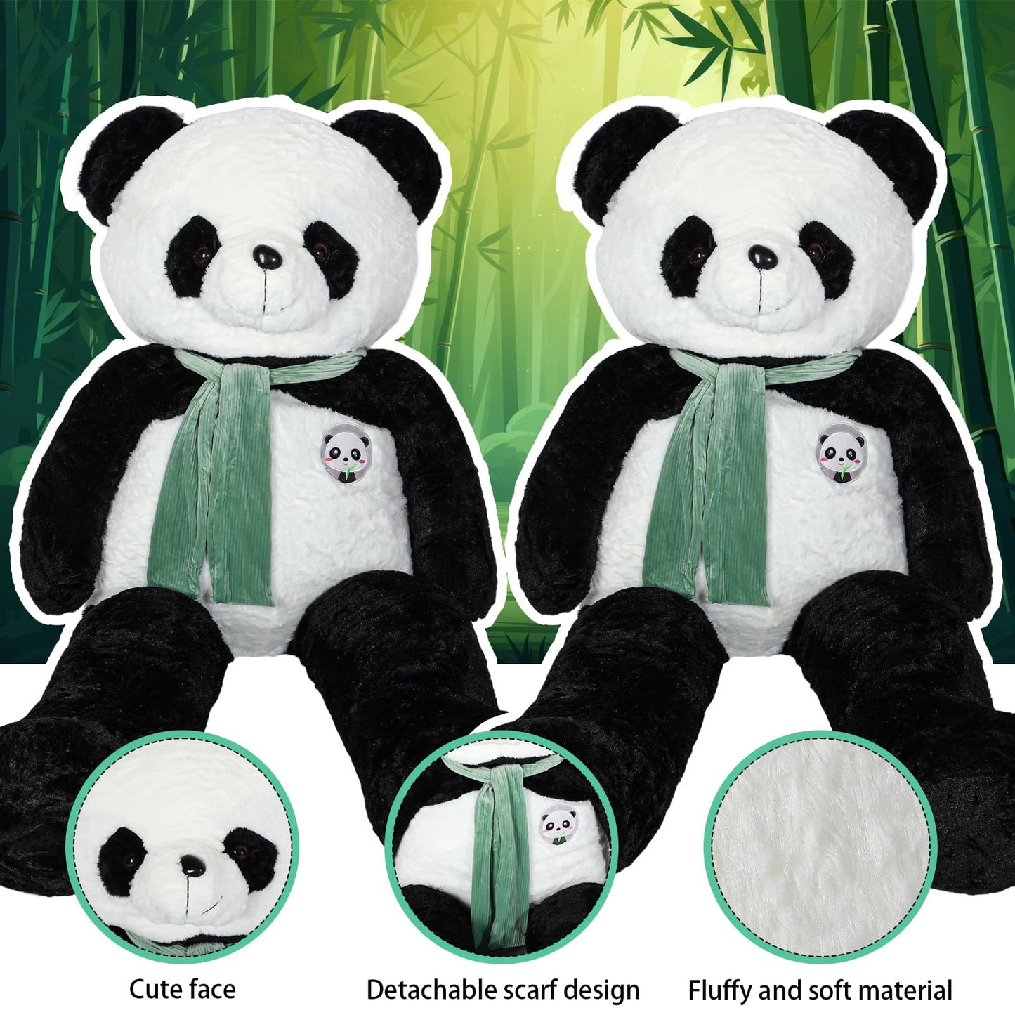 RoundFunny 63 Inch Tall Giant Plush Panda Bear Giant Stuffed Animal Large Panda Plushie with Green Scarf Big Soft Plush Bear Toy for Christmas Boys Girls Girlfriend Wife Gift